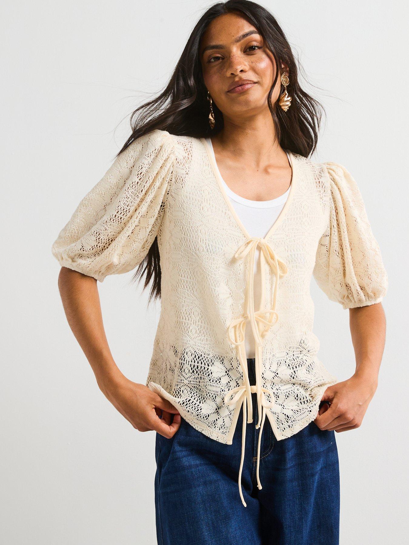 undefined Crochet Tie Front Top - Cream