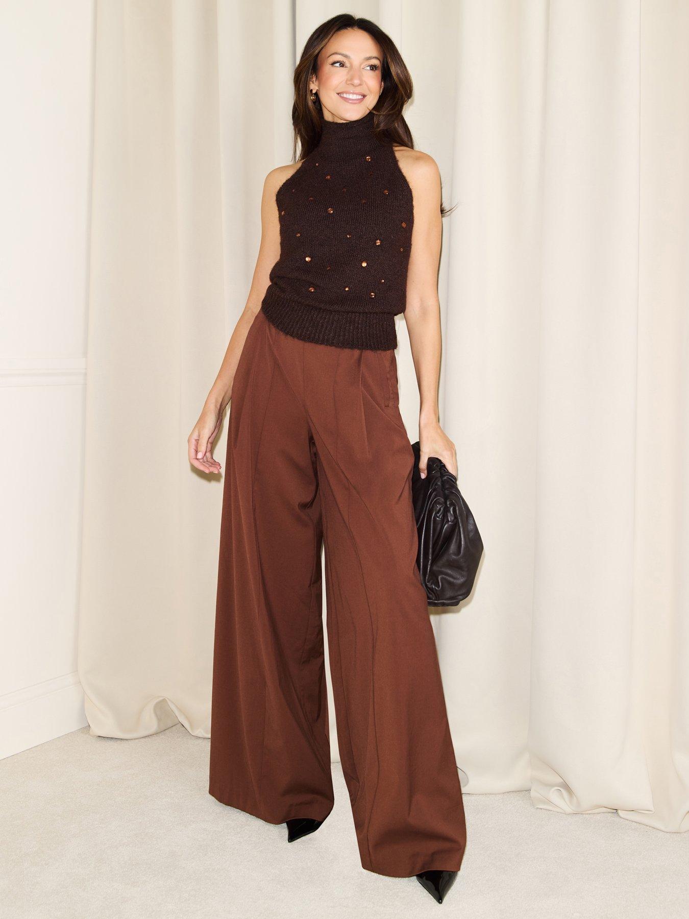 Michelle Keegan Ultra Wide Sheer Waistband Trouser - Brown