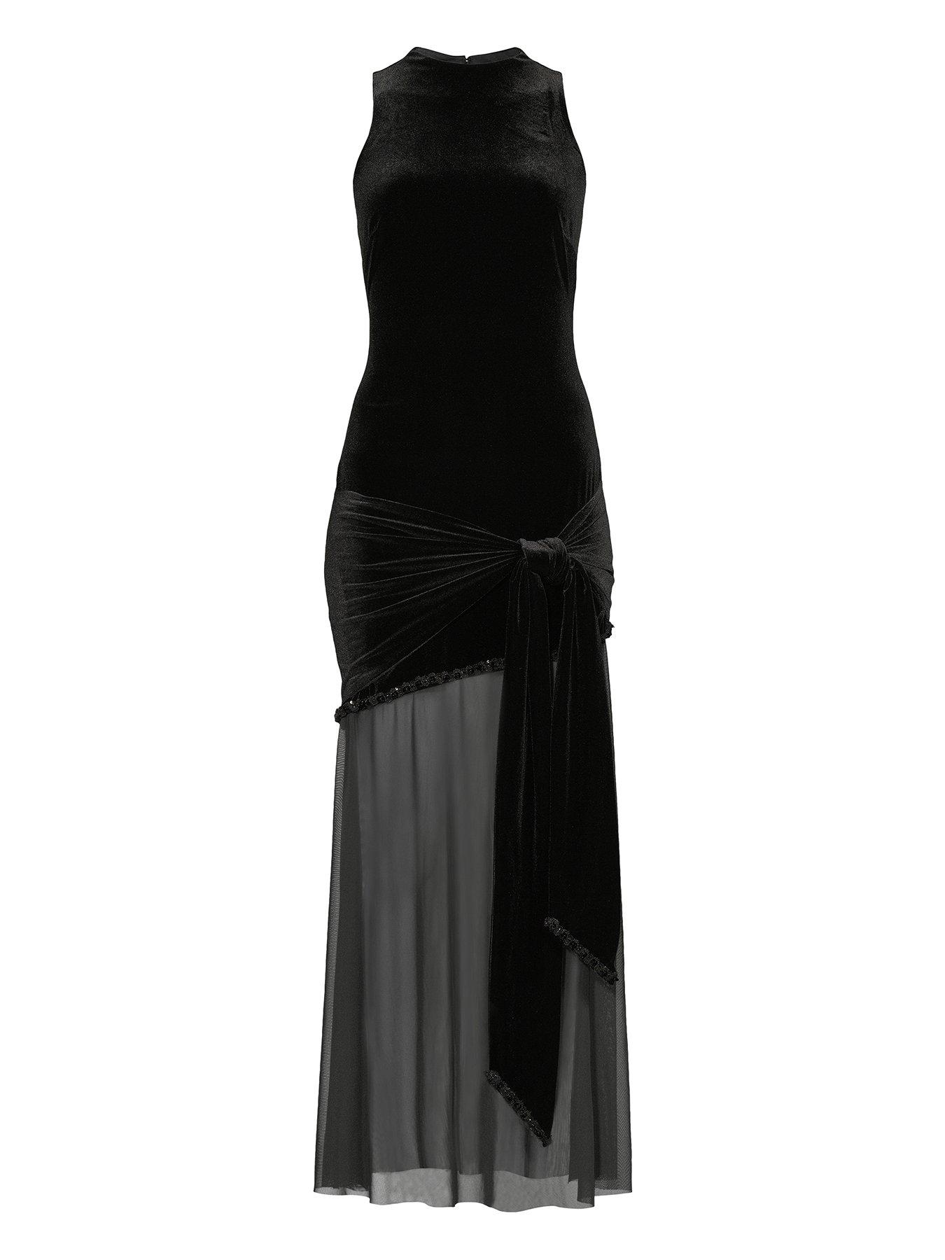 Image 4 of 4 of Michelle Keegan Velvet Sheer Hem Dress - Black