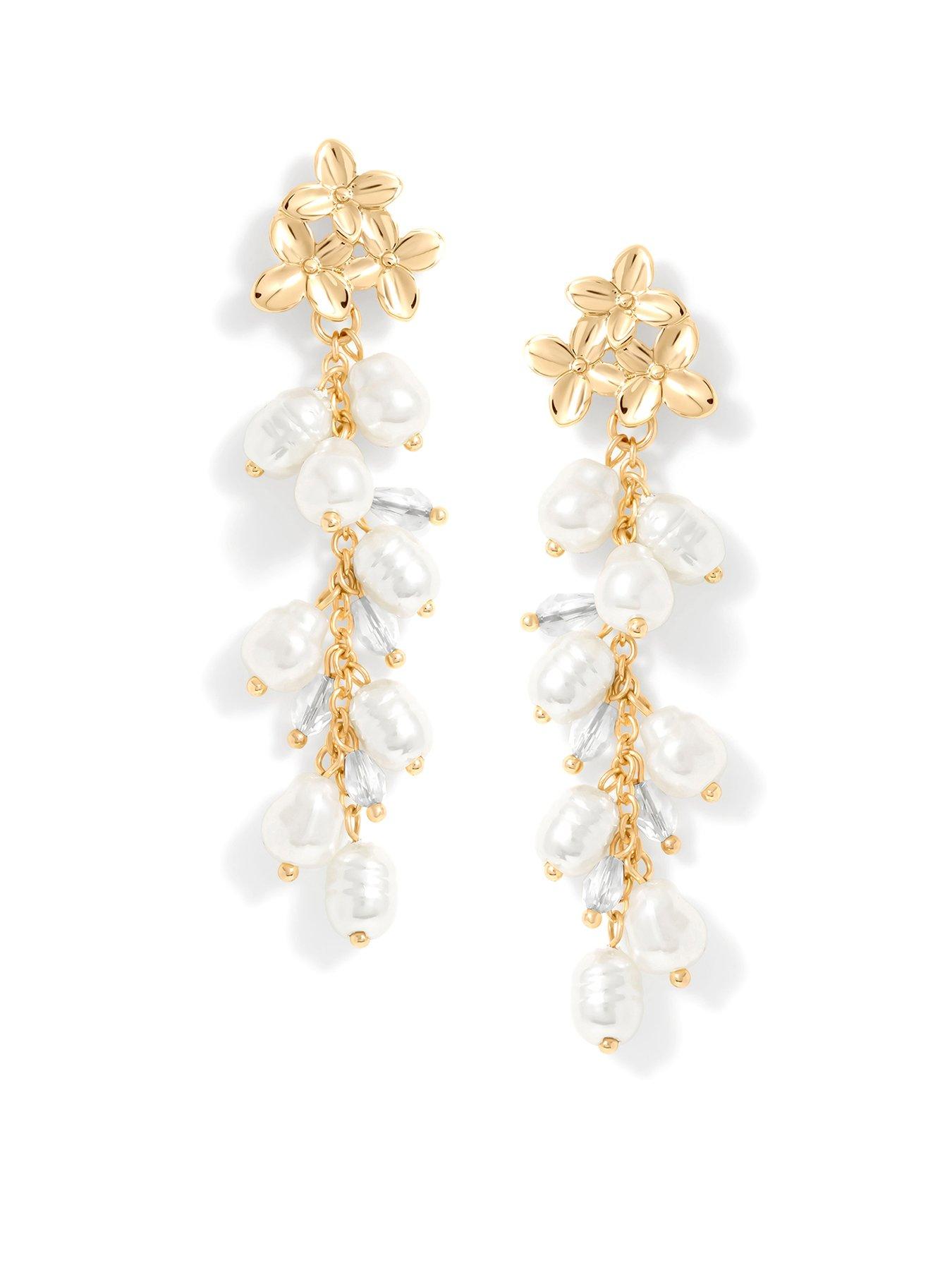 undefined Mood Gold Triple Flower Pearl Cluster Drop Earrings