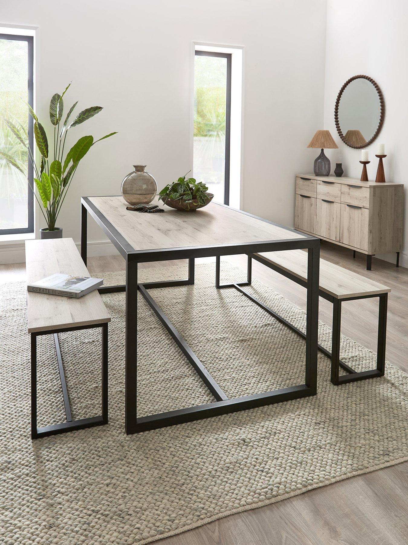 Image 1 of 7 of The Very Collection Harlem Grey Oak Dining Table &amp; 2 Benches - FSC&reg;&nbsp;Certified