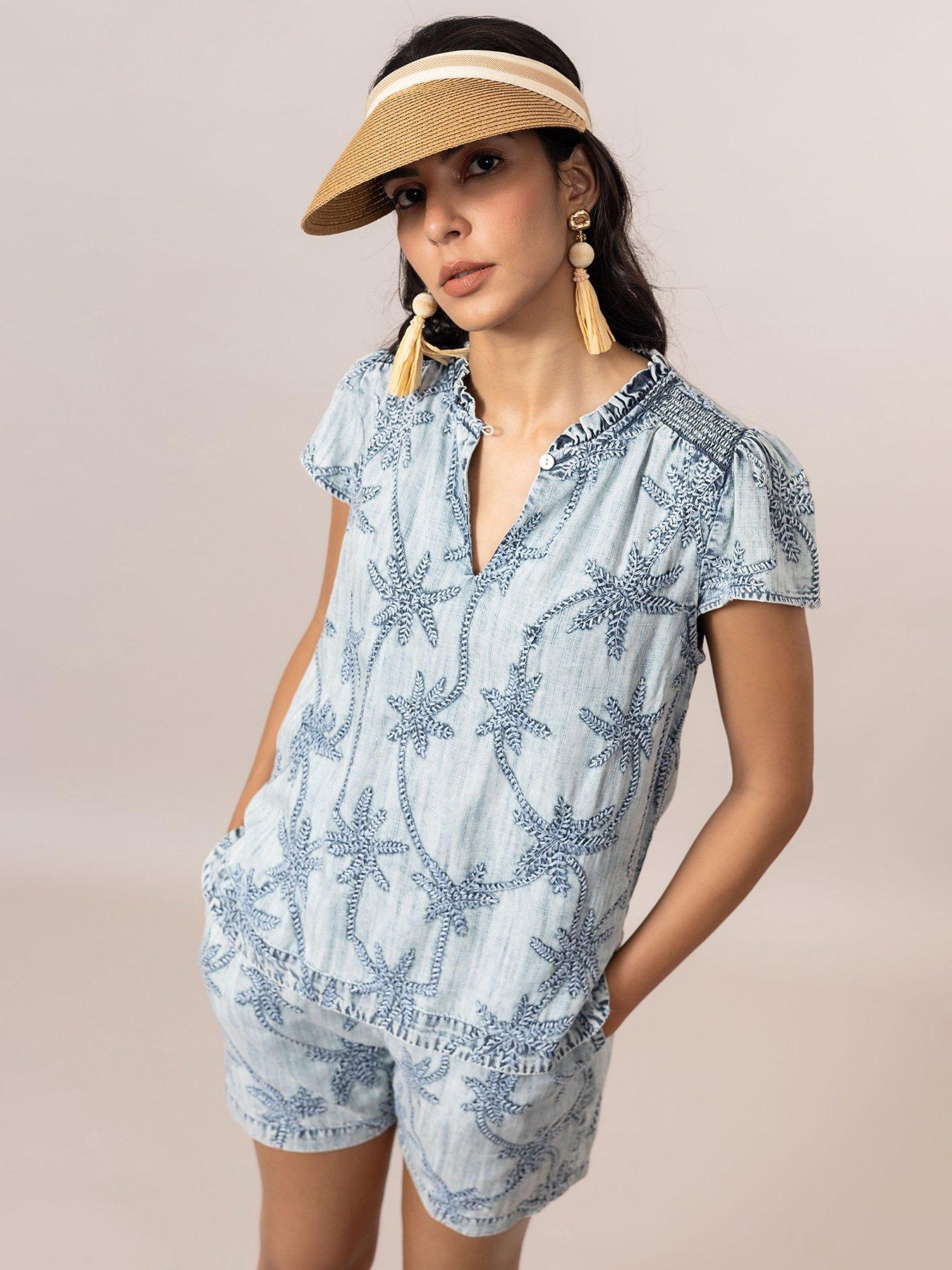 Emily Lovelock Claire Palm Print Denim Top - Blue