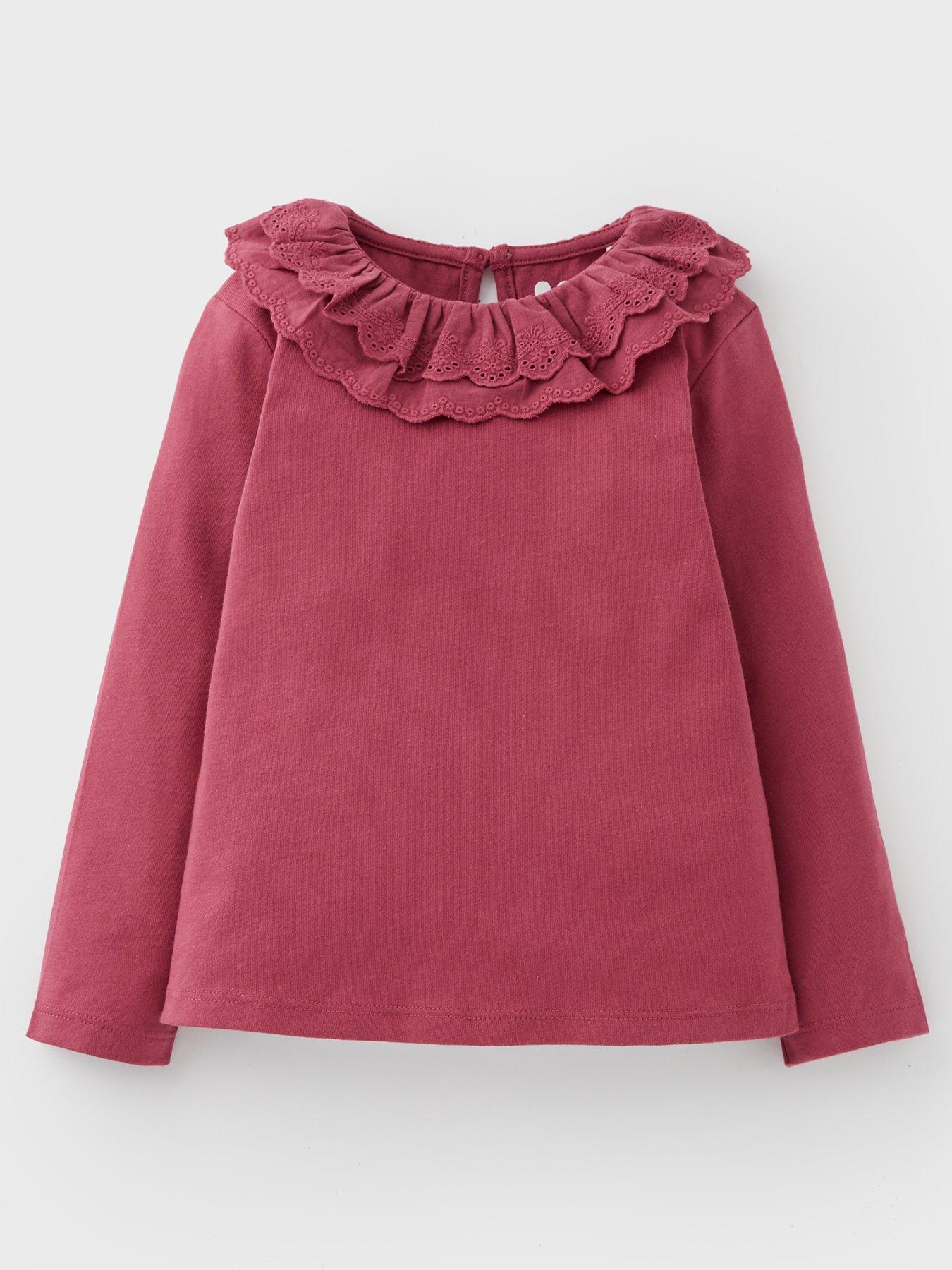Mini V by Very Girls Broderie Frill Collar Long Sleeve T-shirt - Pink