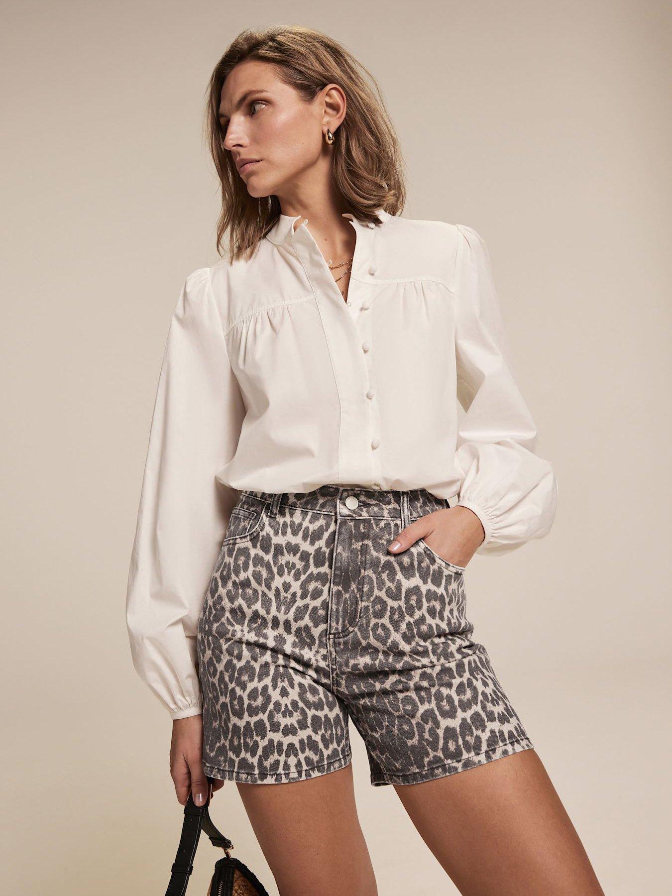 Image 2 of 6 of Mint Velvet Neutral Leopard Print Denim Shorts - Beige
