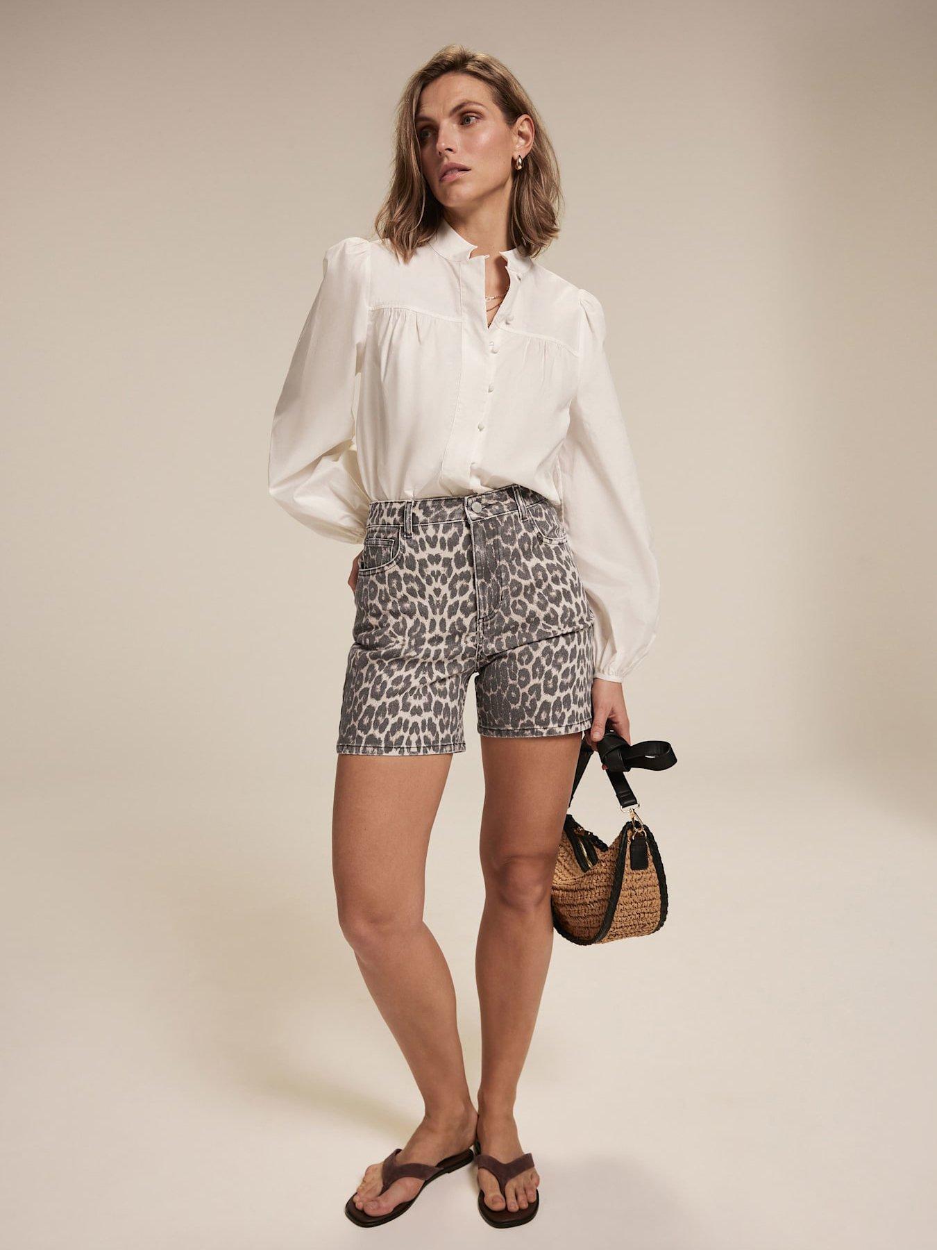 Image 4 of 6 of Mint Velvet Neutral Leopard Print Denim Shorts - Beige