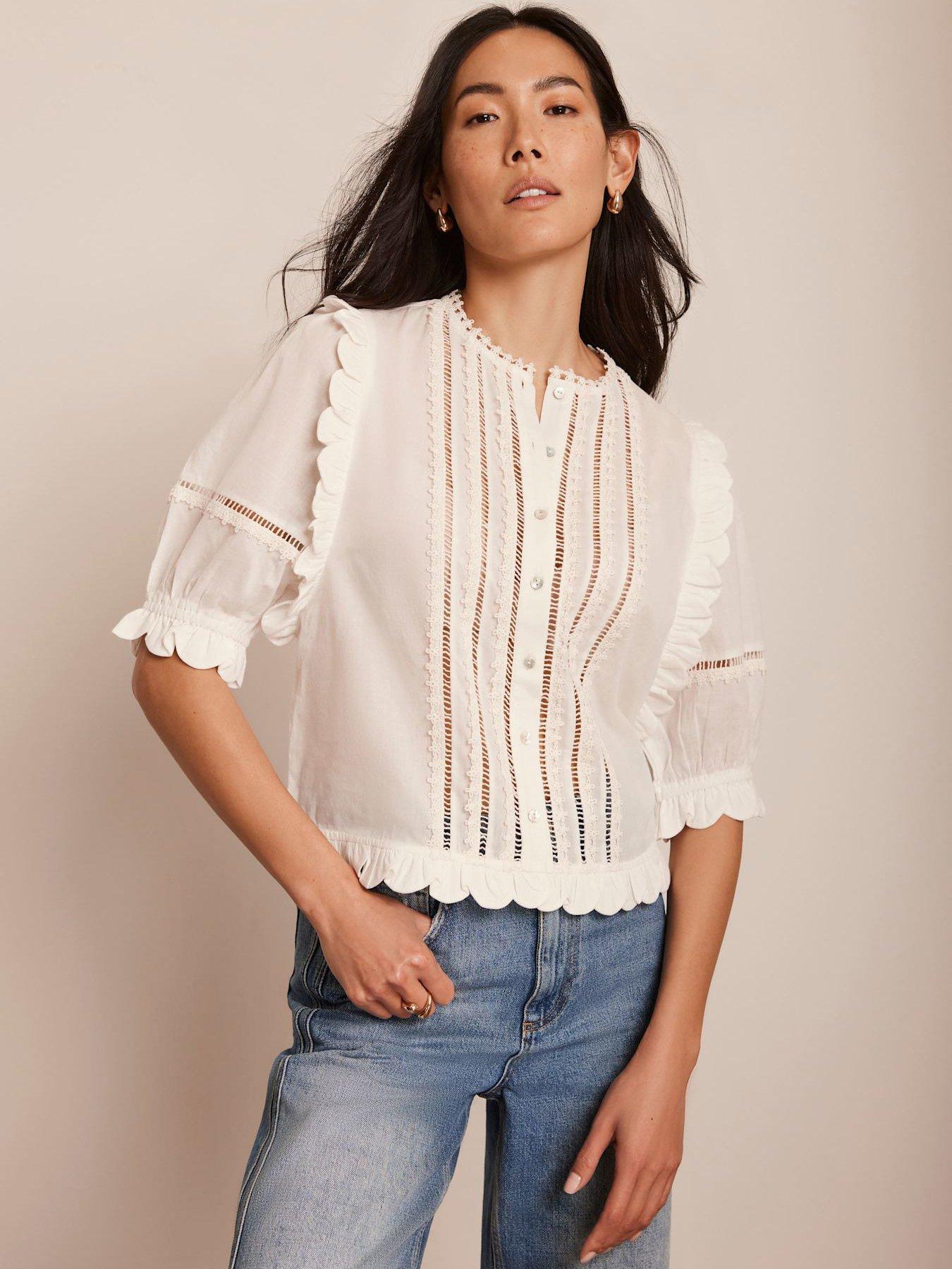 Image 1 of 6 of Mint Velvet White Ruffle Trim Cotton Top - Ivory