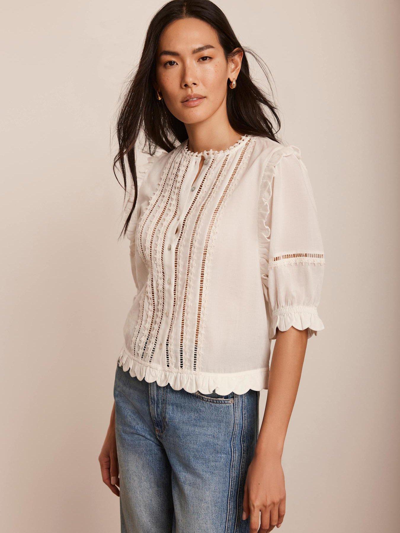 Image 2 of 6 of Mint Velvet White Ruffle Trim Cotton Top - Ivory