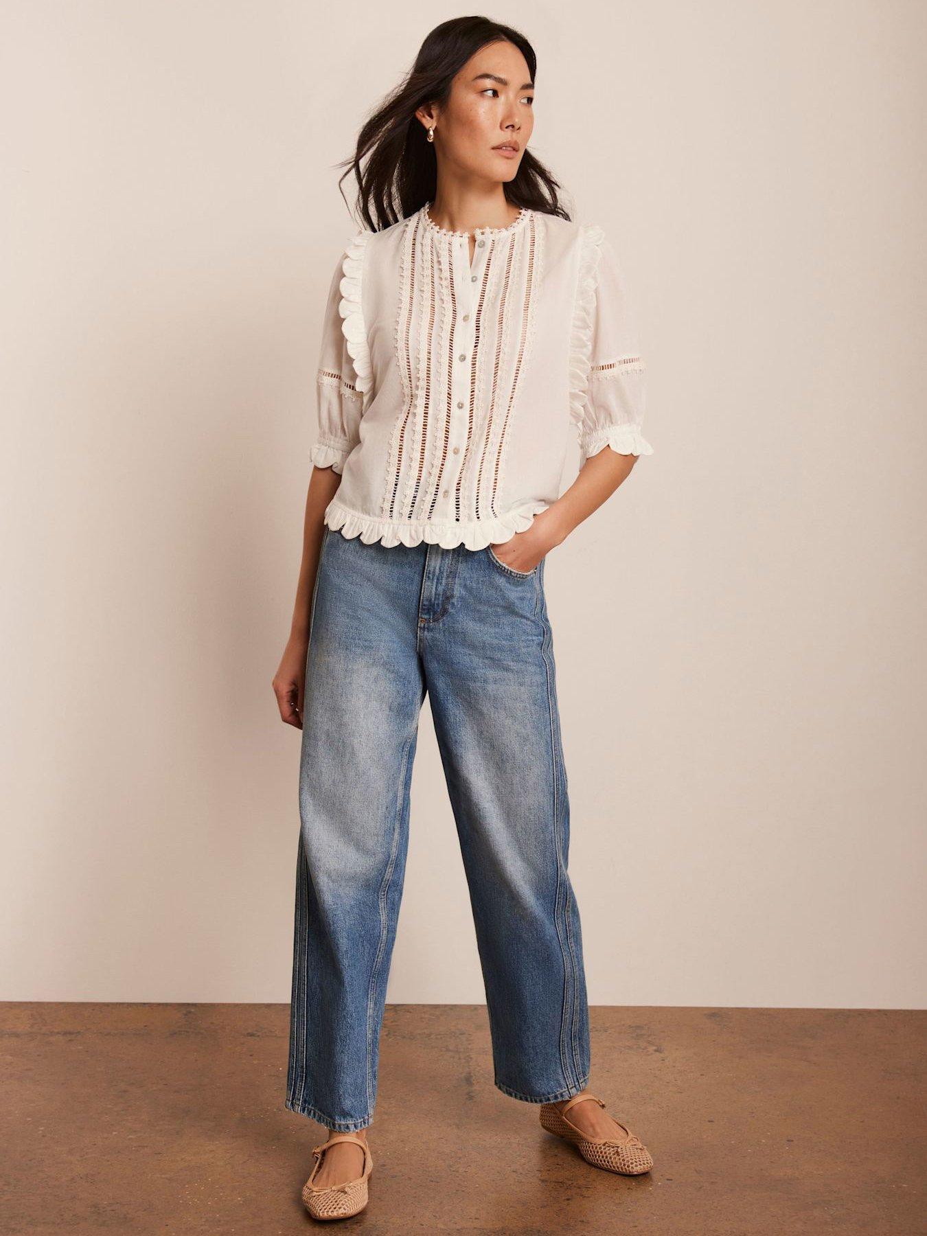 Image 3 of 6 of Mint Velvet White Ruffle Trim Cotton Top - Ivory