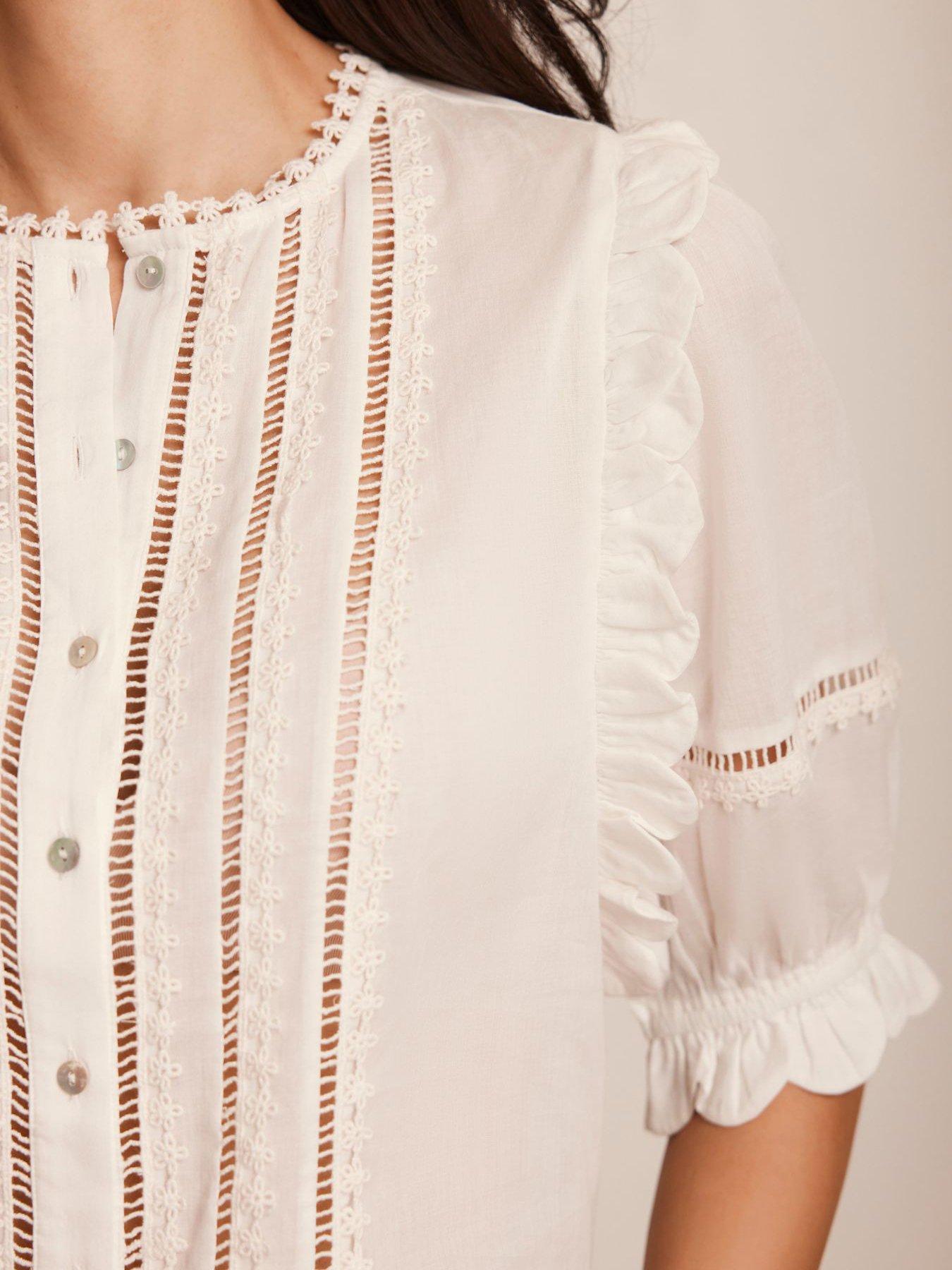 Image 4 of 6 of Mint Velvet White Ruffle Trim Cotton Top - Ivory