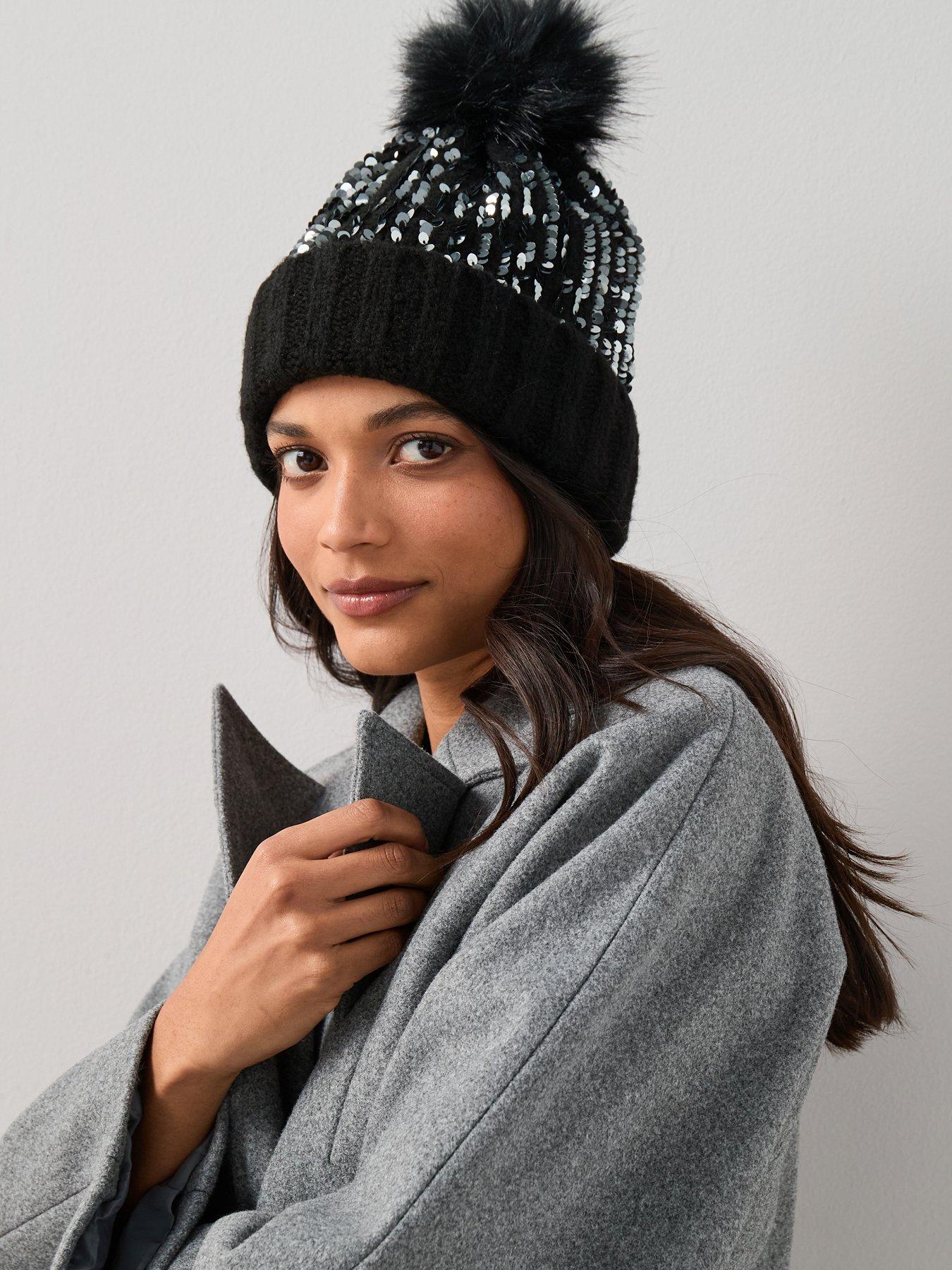 the-very-collection-knitted-sequin-beanie-with-faux-fur-pom-pom-black