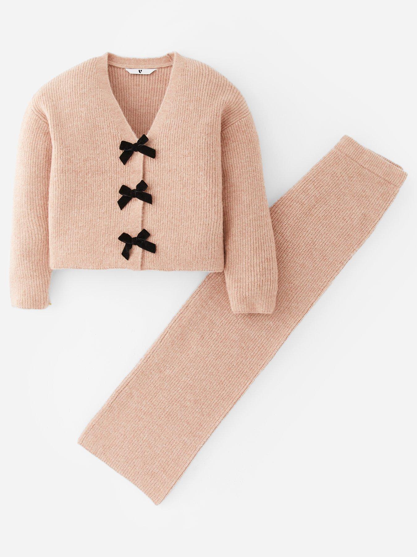 V by Very Girls Cardigan With Button Up Bows And Wide Leg Trouser Set