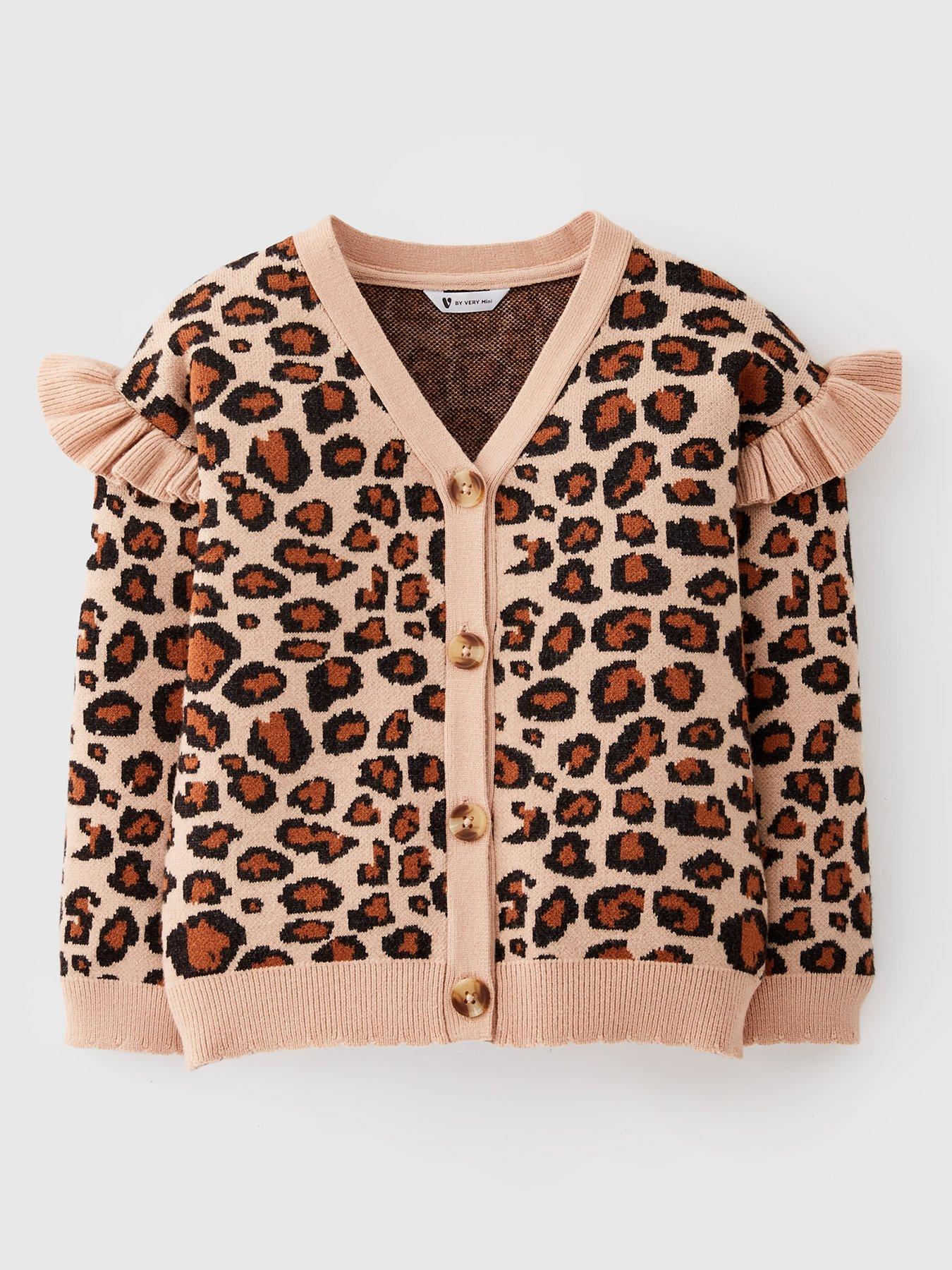 Image 1 of 4 of Mini V by Very Girls Leopard Print Frill Shoulder Cardigan - Multi