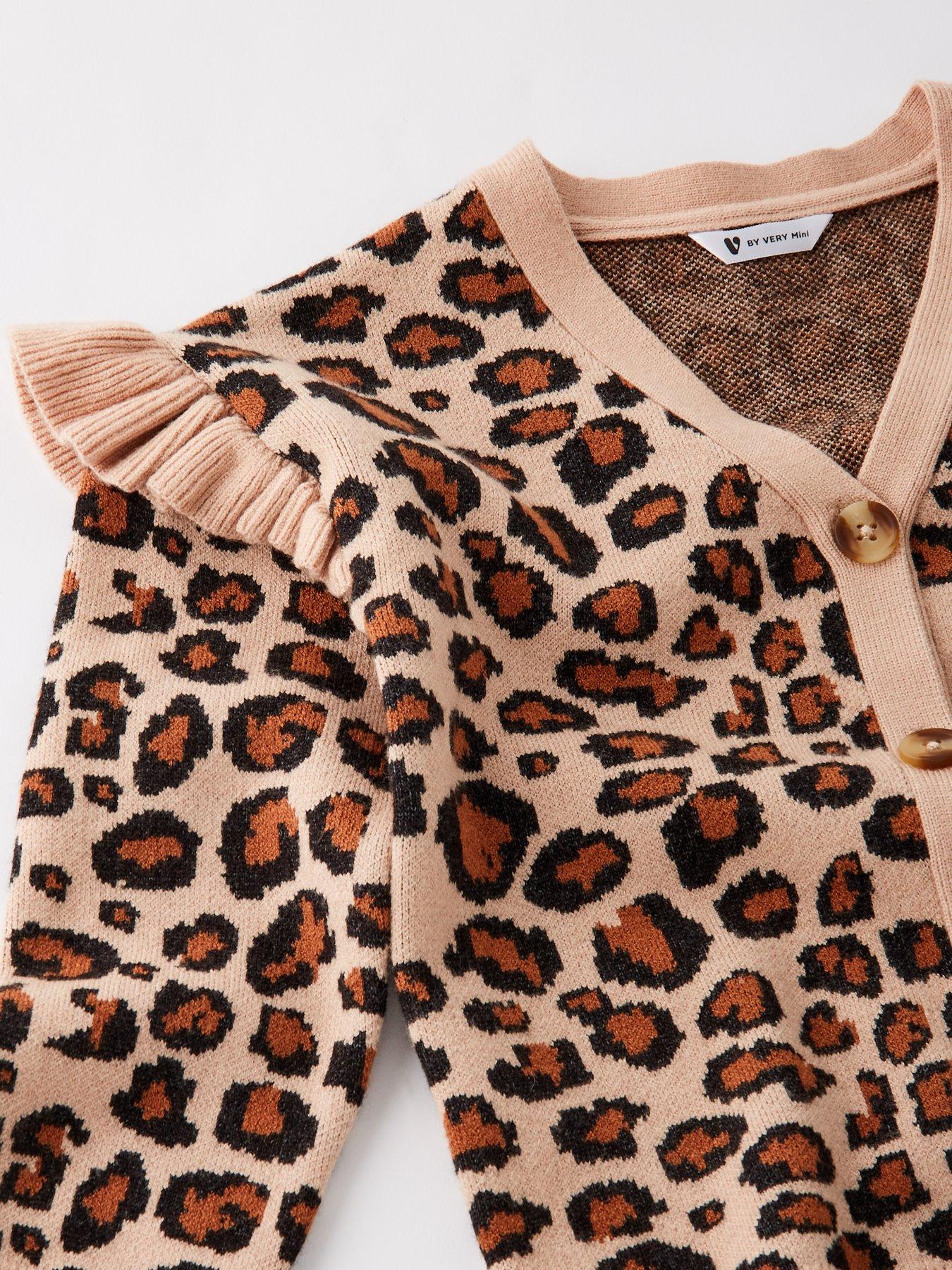 Image 3 of 4 of Mini V by Very Girls Leopard Print Frill Shoulder Cardigan - Multi