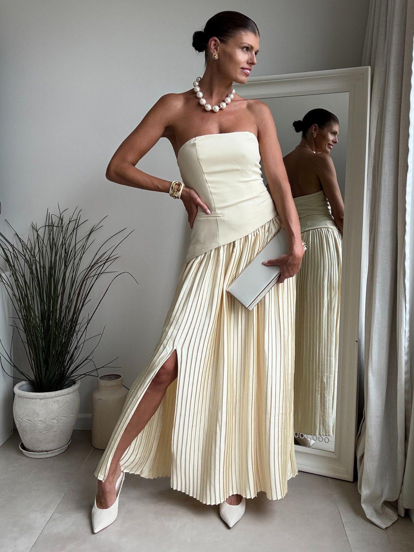 pleated bandeau dress Black Warehouse Bandeau Bodice Pleated Chiffon Midi Dress