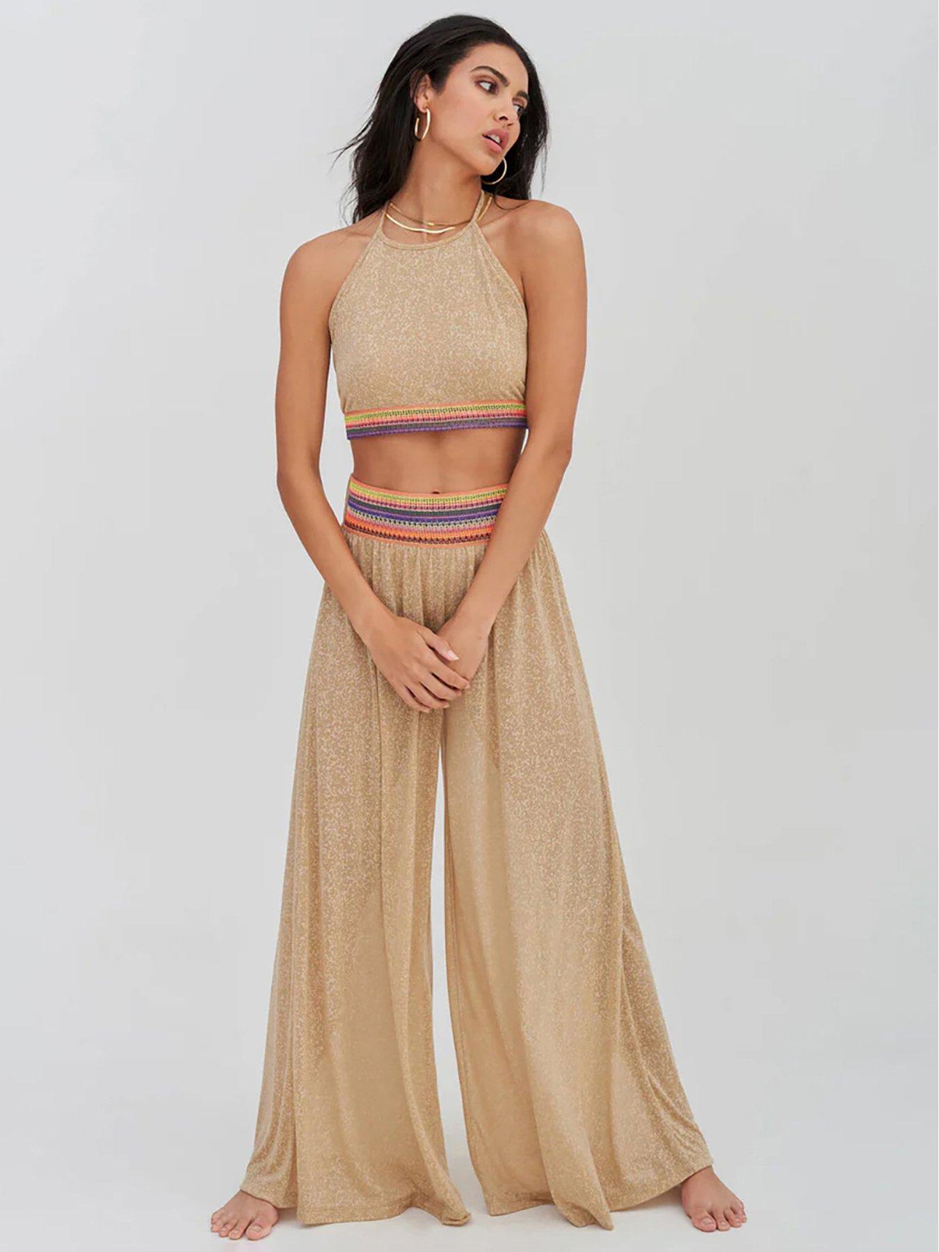 PITUSA Halter Top  &  Wide Leg Pants Set - Nude