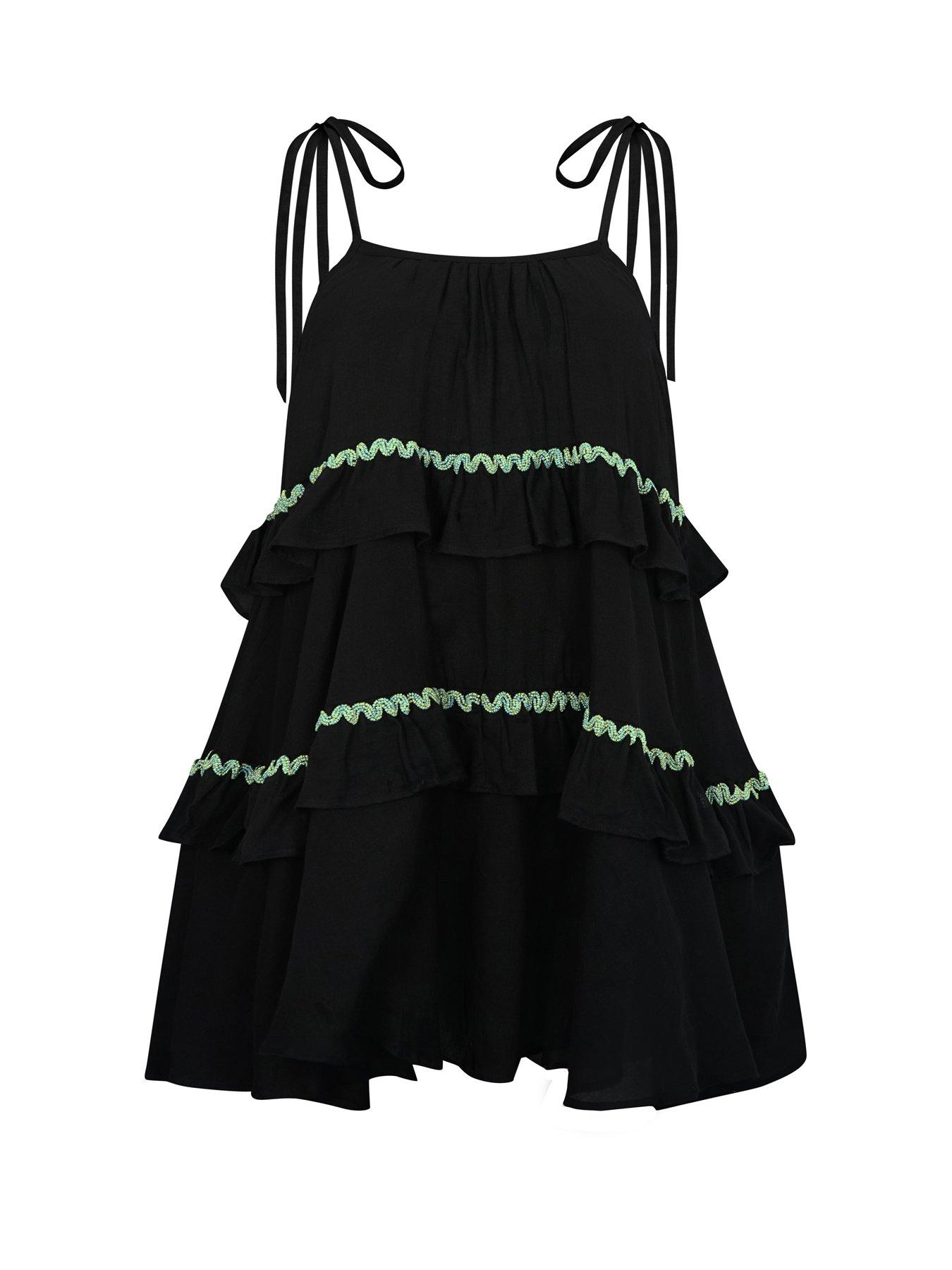 Image 2 of 2 of PITUSA Beaded Ruffle Tiered Mini Beach Dress - Black