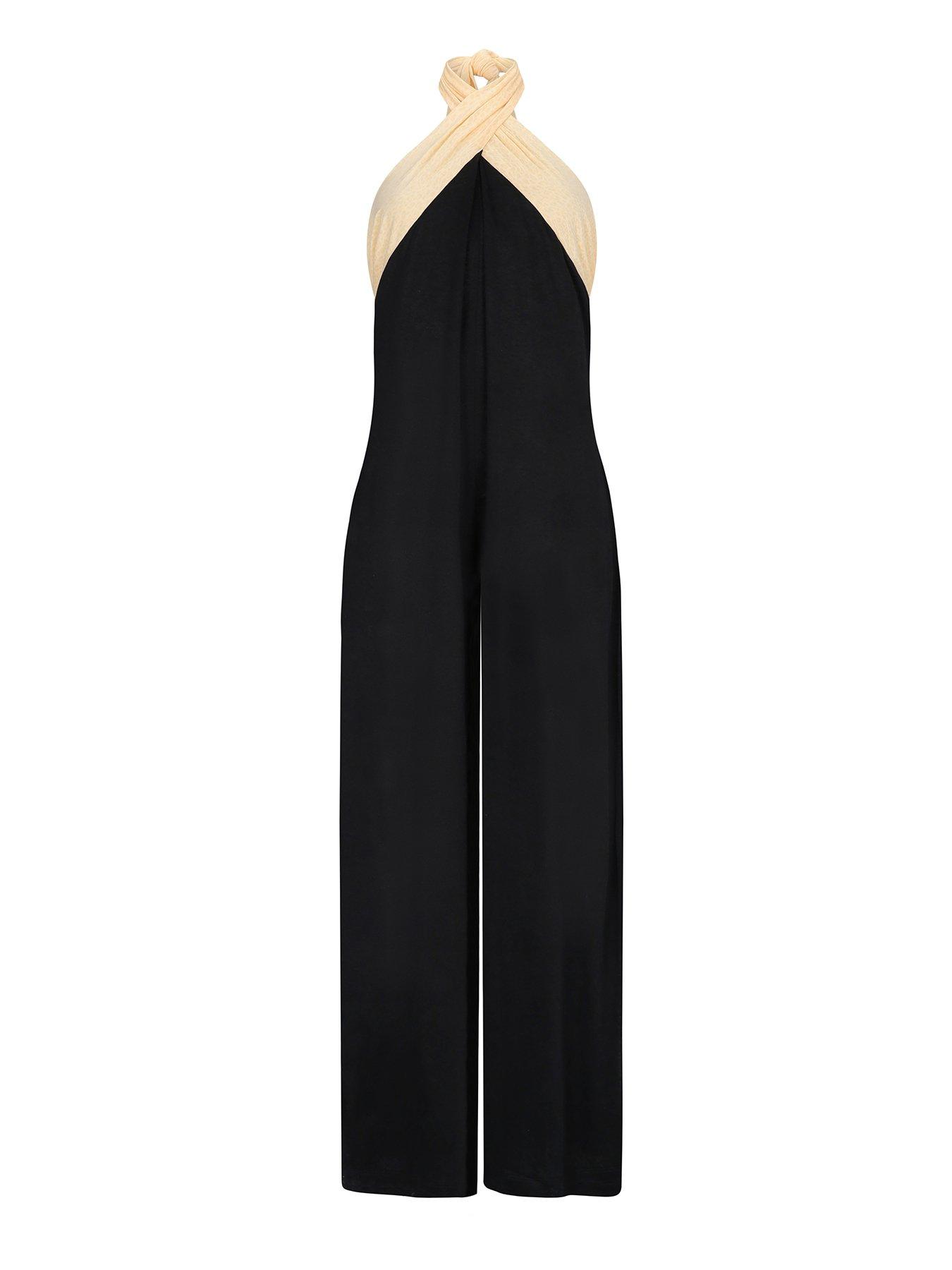 undefined Pitusa Colourblock Halter Lightweight Beach Jumpsuit - Black