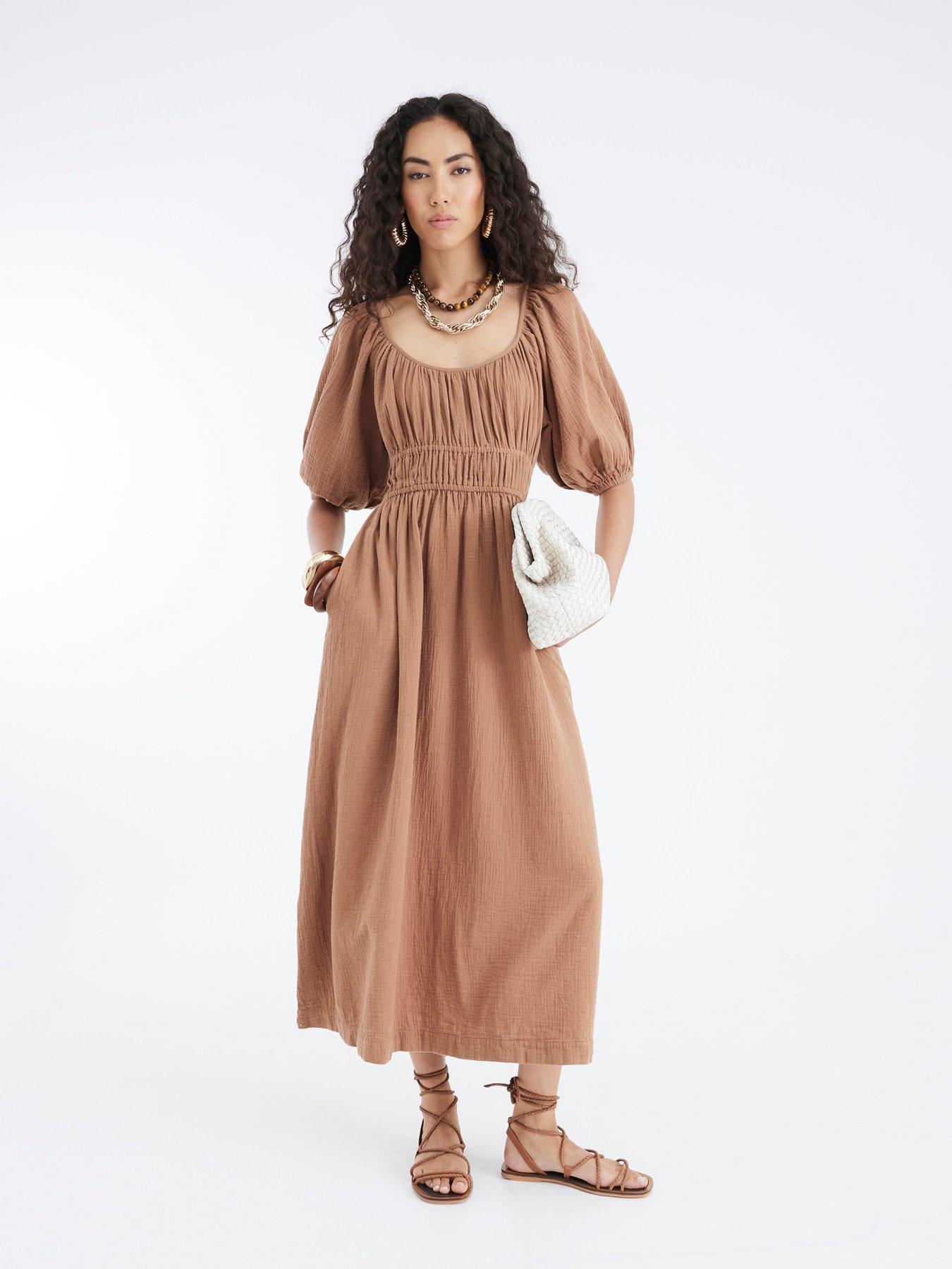 Image 1 of 4 of River Island Short Sleeve Double Faced Midi Dress - Brown