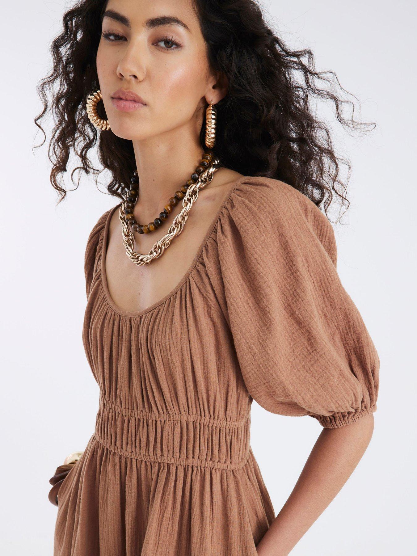 Image 4 of 4 of River Island Short Sleeve Double Faced Midi Dress - Brown