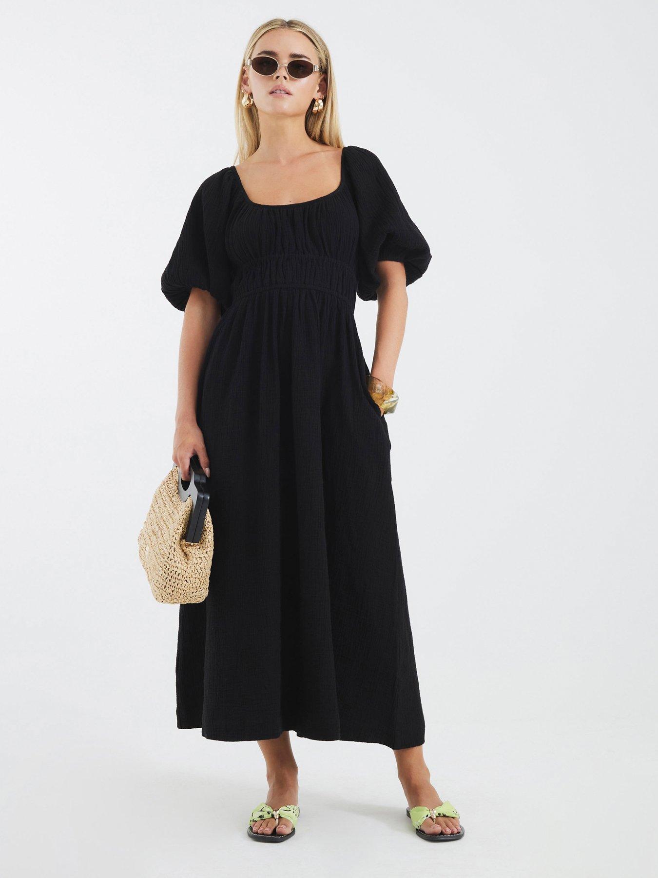 River Island Petite Short Sleeve Linen Midi Dress - Black