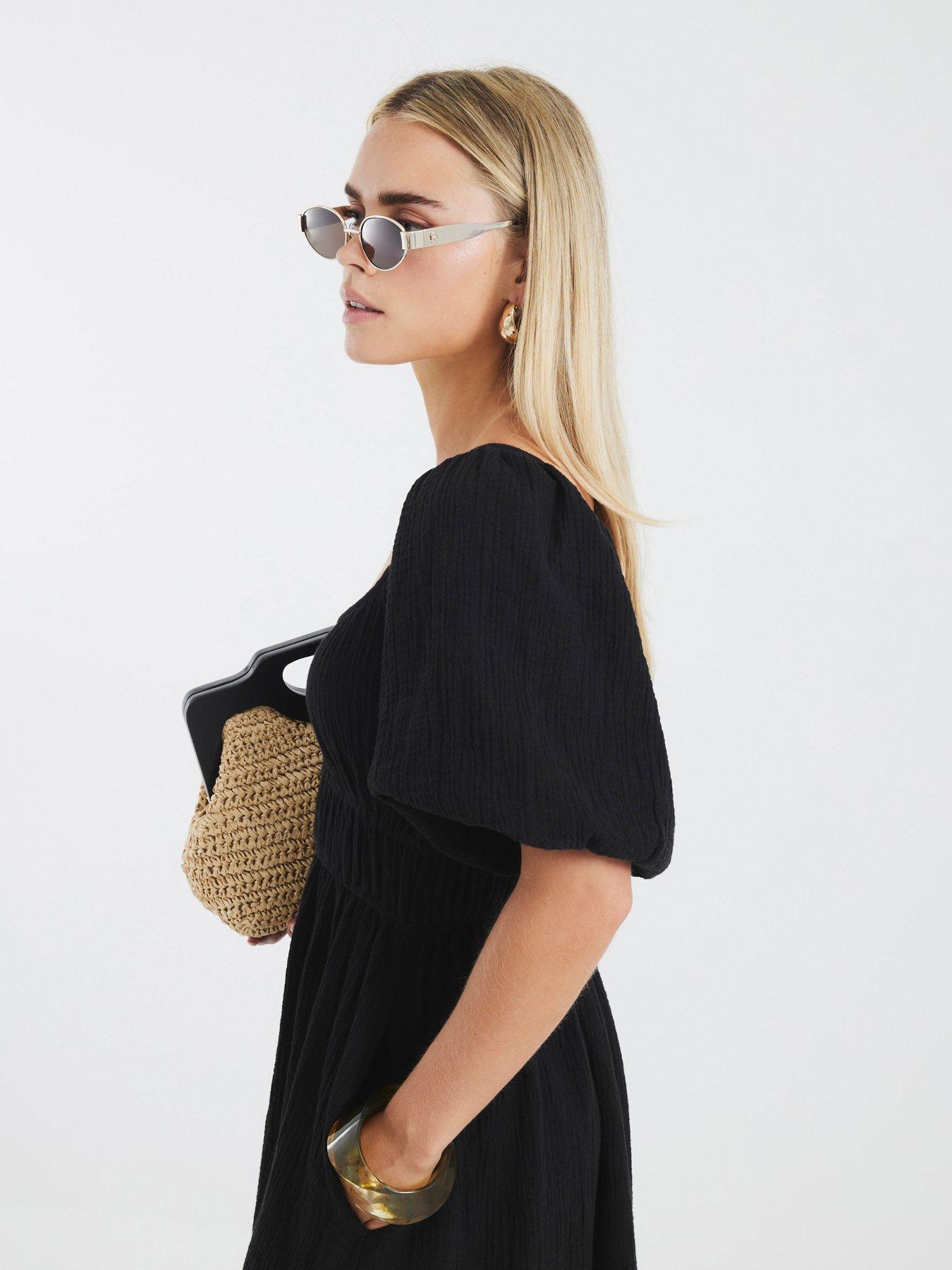 river island black linen dress River Island puff sleeve linen dress in black
