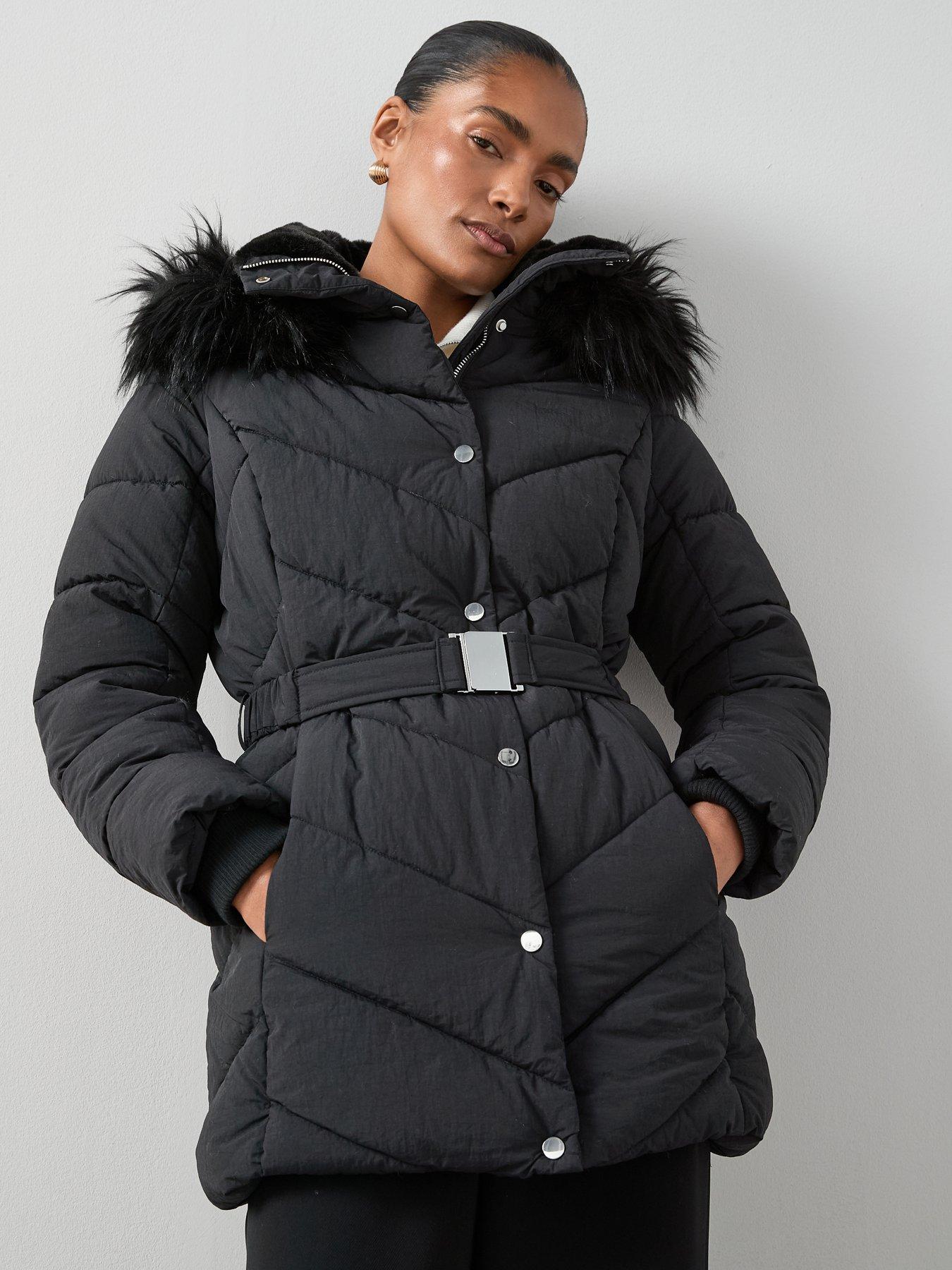 The Very Collection Padded Short Coat With Faux Fur Trim - Black