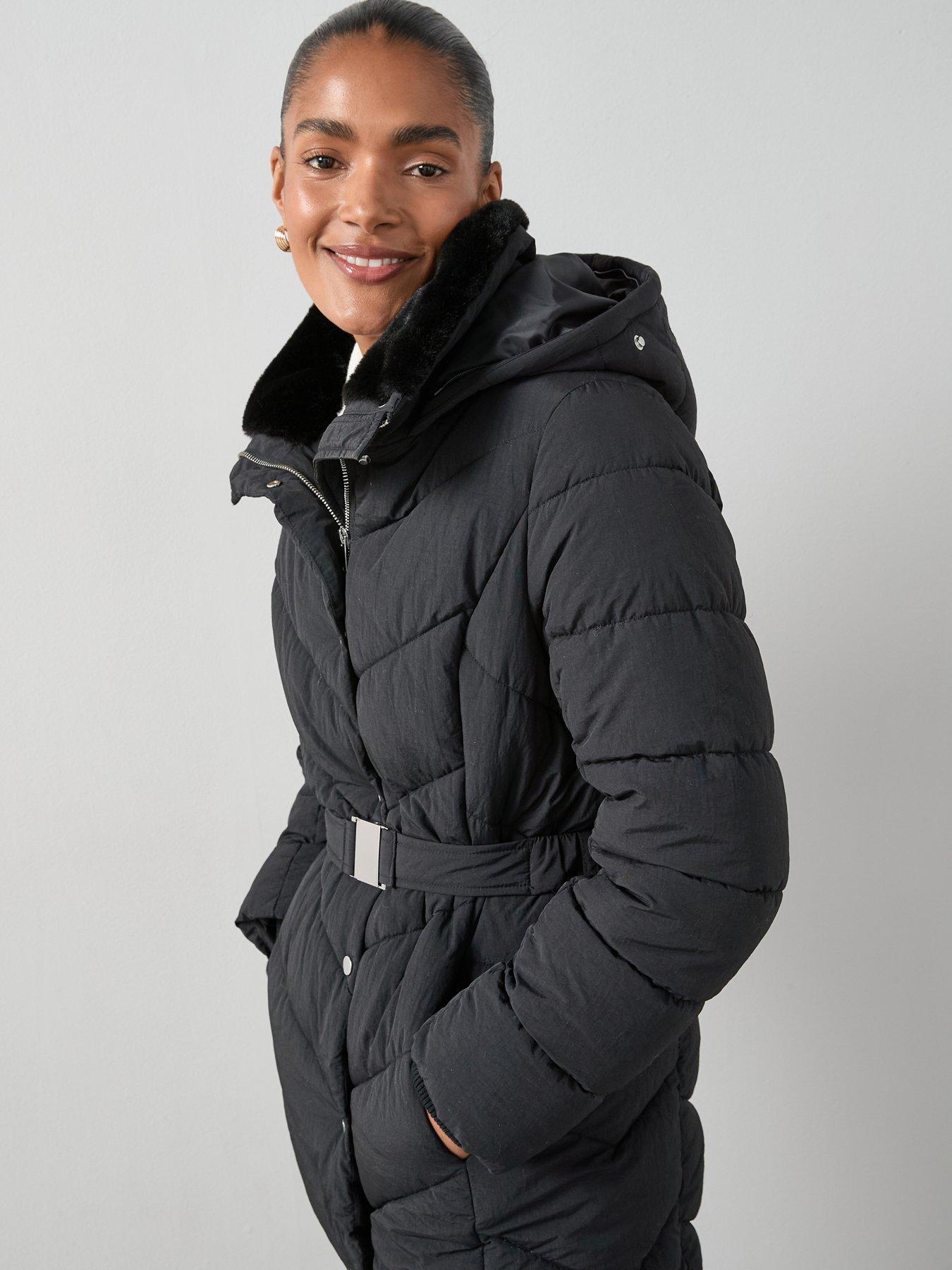 Image 5 of 6 of The Very Collection Padded Short Coat With Faux Fur Trim - Black