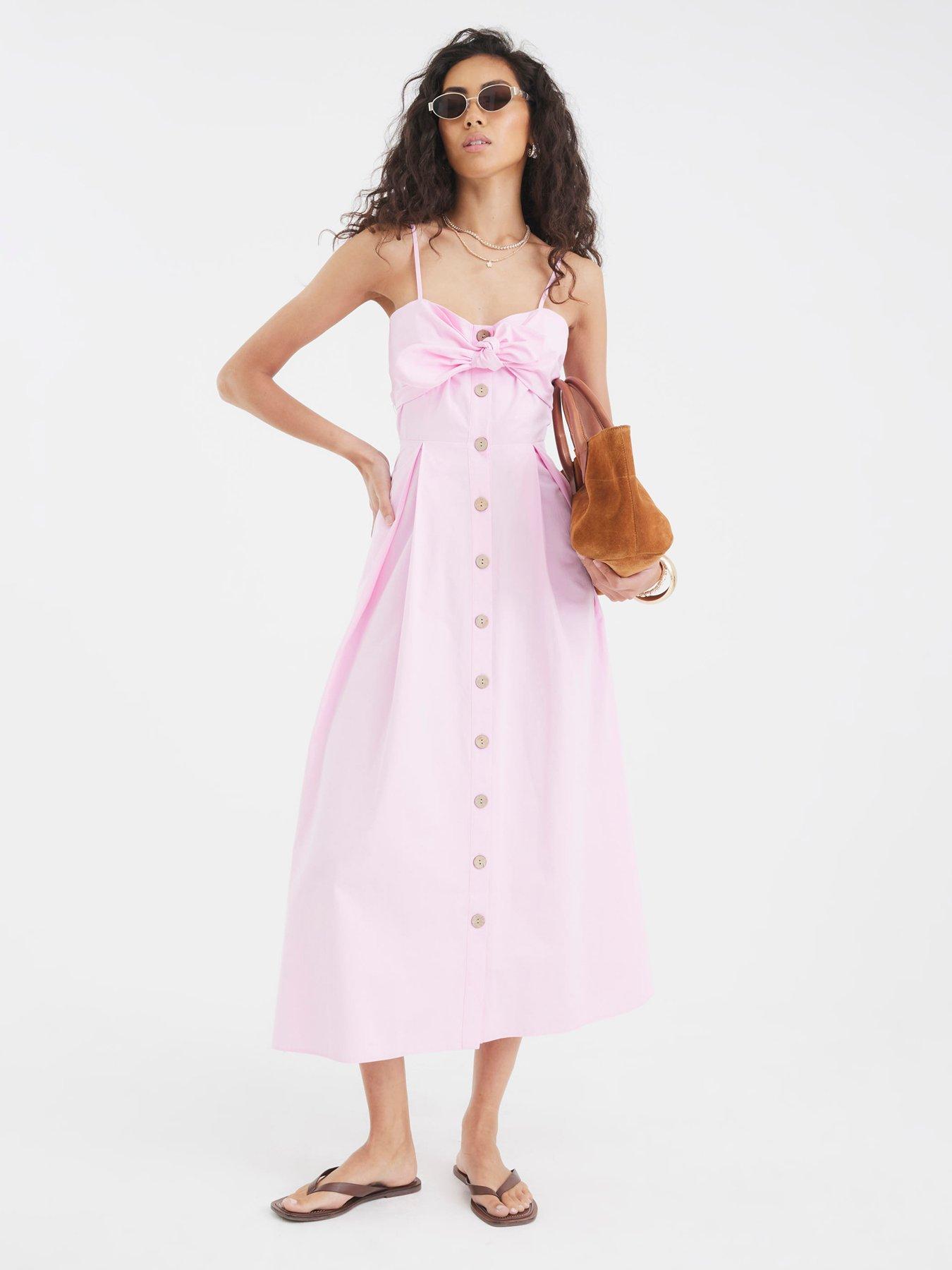 Image 1 of 4 of River Island Midi Bow Button Up Dress - Pink