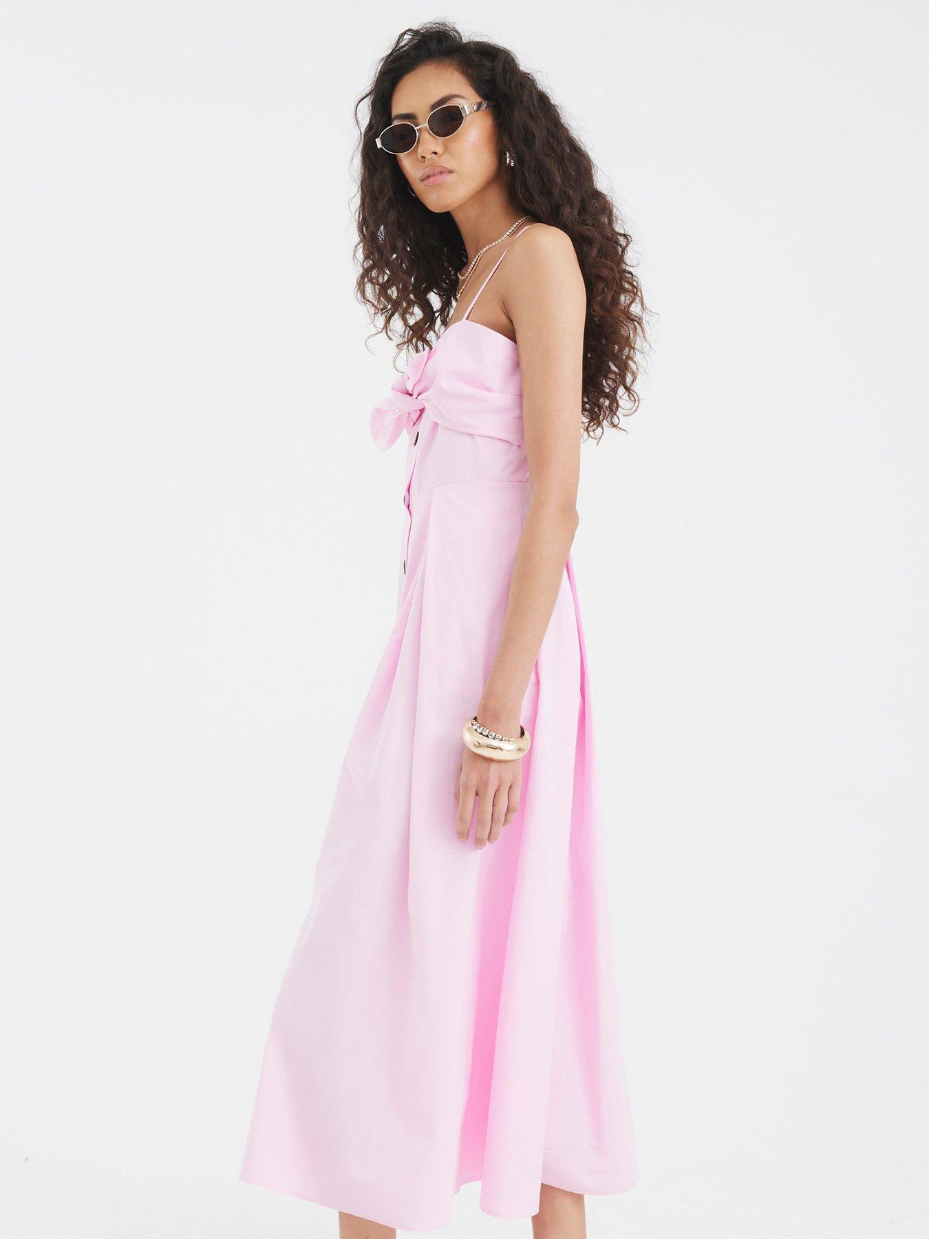 Image 2 of 4 of River Island Midi Bow Button Up Dress - Pink