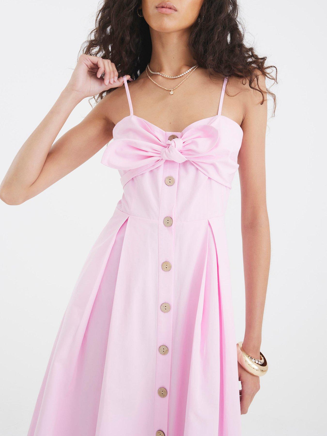 Image 4 of 4 of River Island Midi Bow Button Up Dress - Pink