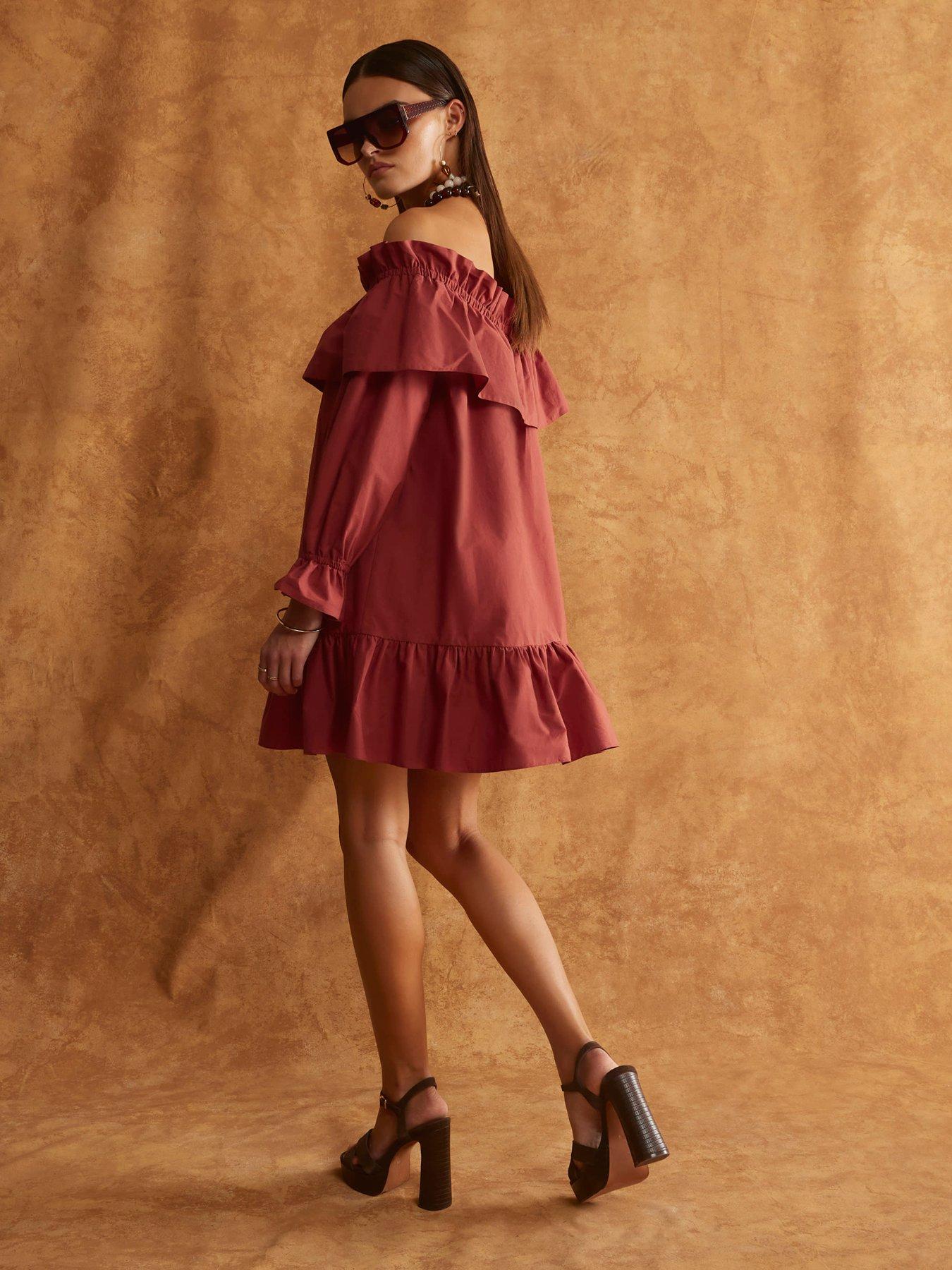 river-island-frill-mini-bardot-dress-brownstillFront
