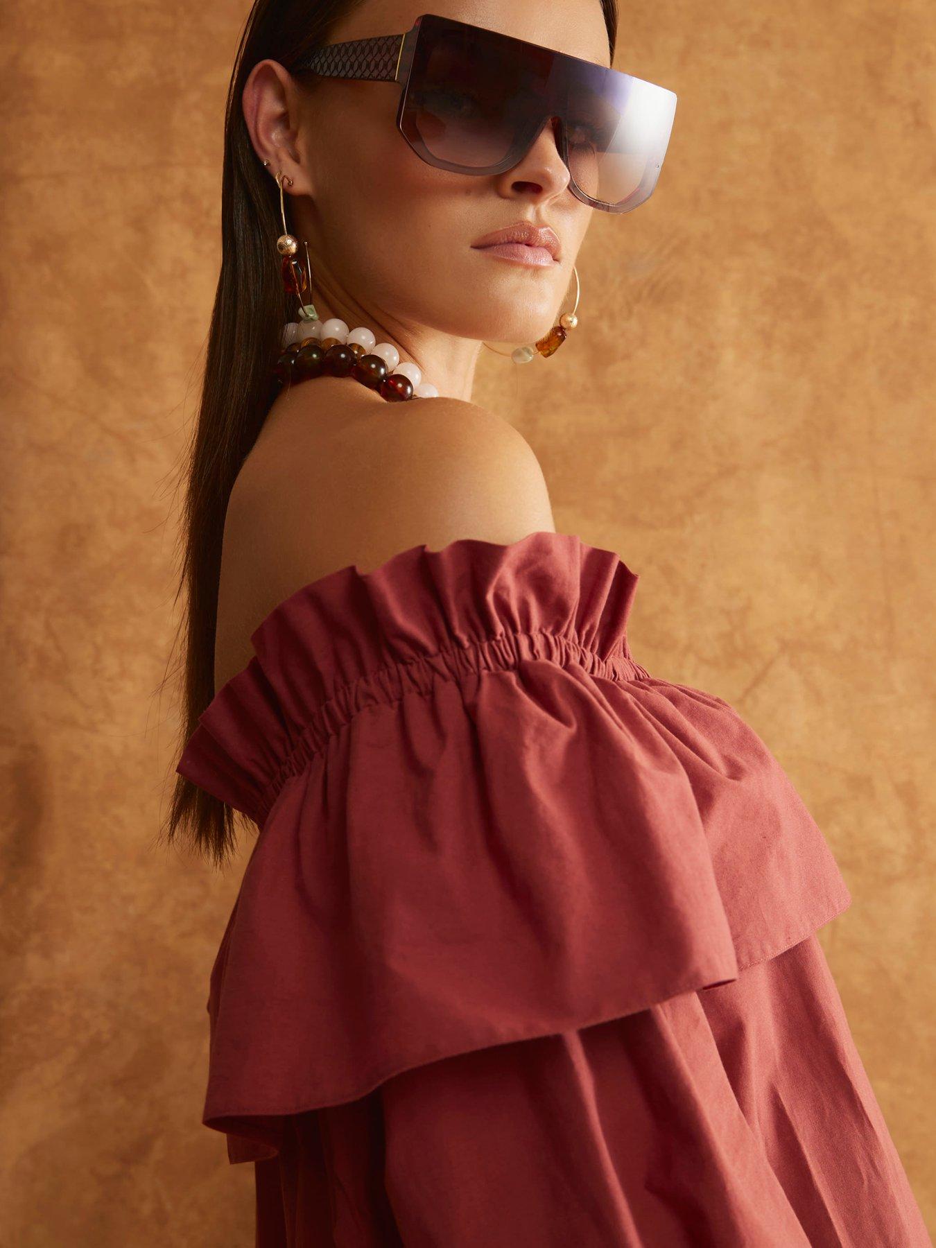 river-island-frill-mini-bardot-dress-brownoutfit