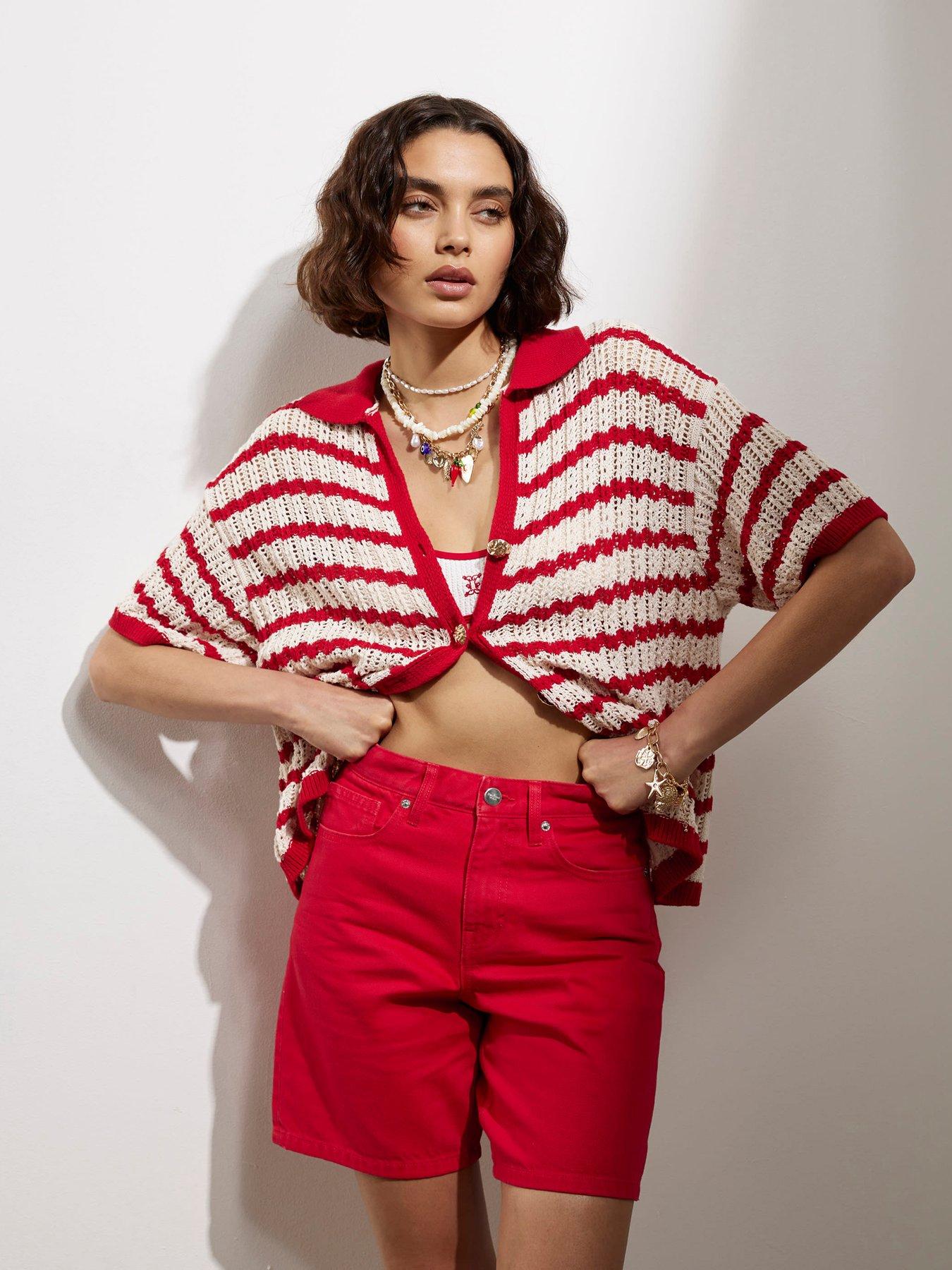 Image of River Island Stripe Crochet Polo Top - Red