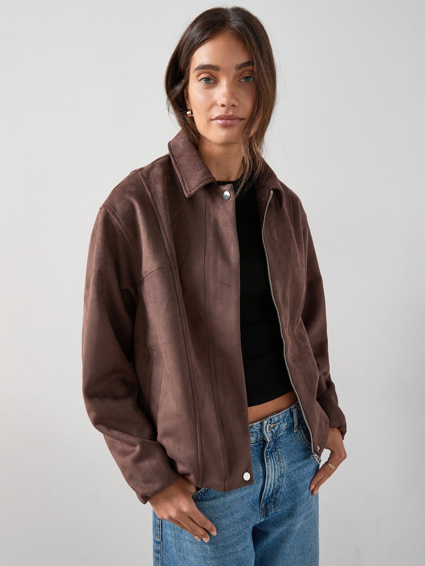 Image 1 of 7 of The Very Collection Suedette Blouson Jacket - Dark Brown