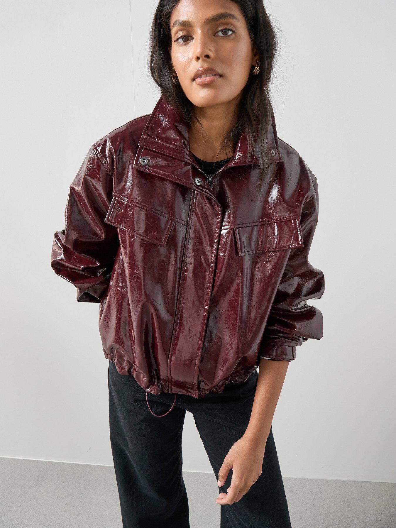 Image 1 of 7 of The Very Collection Faux Leather High Shine Bomber Jacket - Burgundy