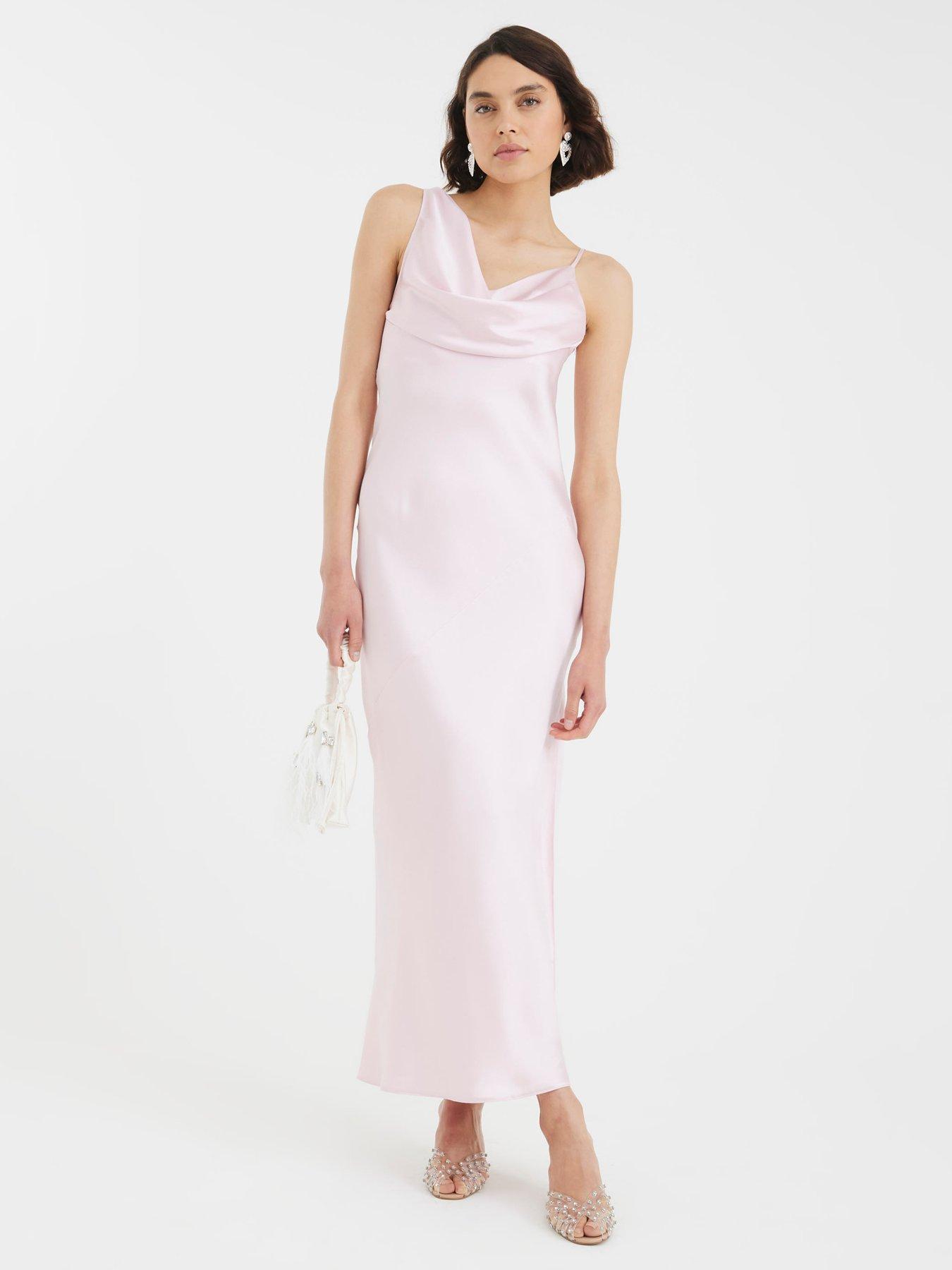 Image 1 of 4 of River Island One Shoulder Cowl Maxi Slip Dress - Pink