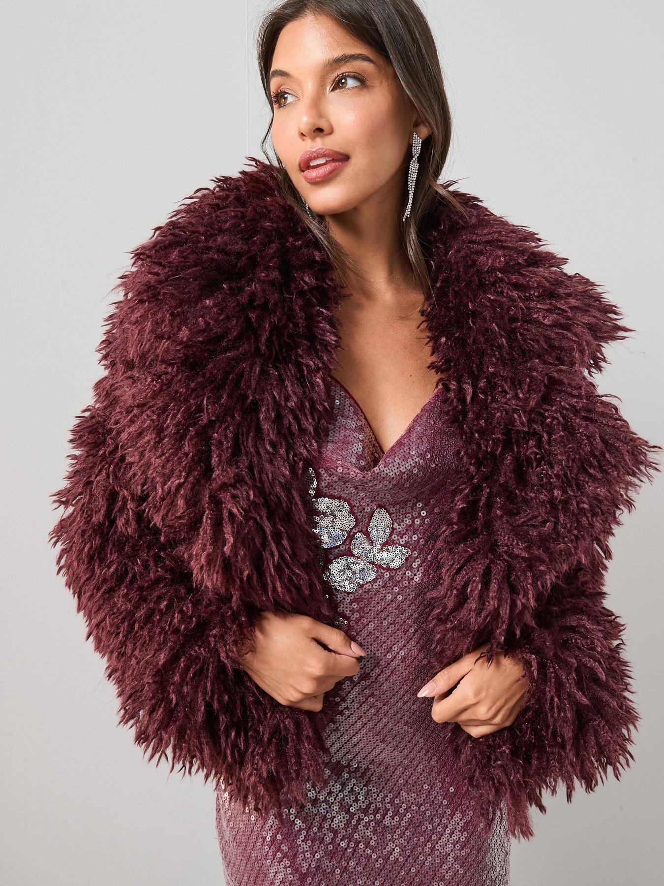 The Very Collection Mongolian Faux Fur Coat - Burgundy