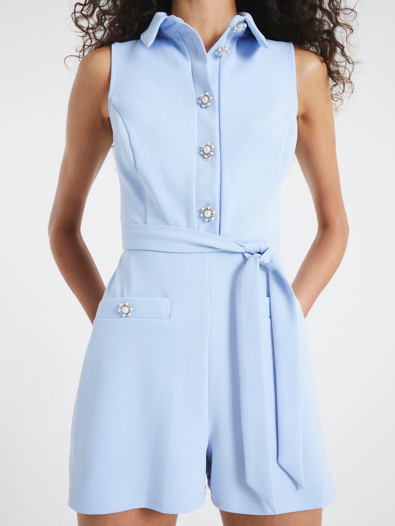 Image 4 of 4 of River Island Collared Button Playsuit - Blue