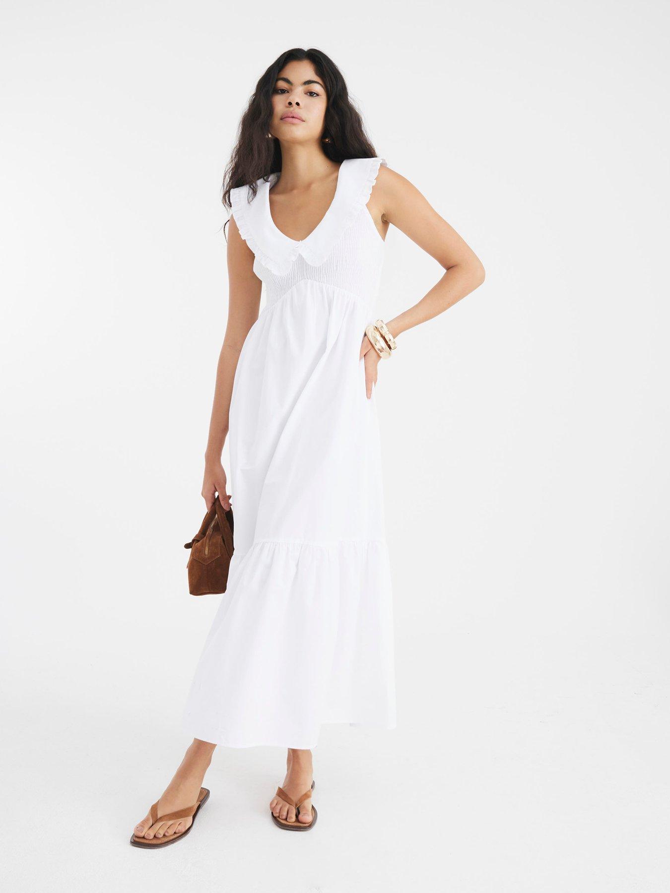 Image 1 of 4 of River Island Short Sleeve Collar Ruffle Shirred Dress - White
