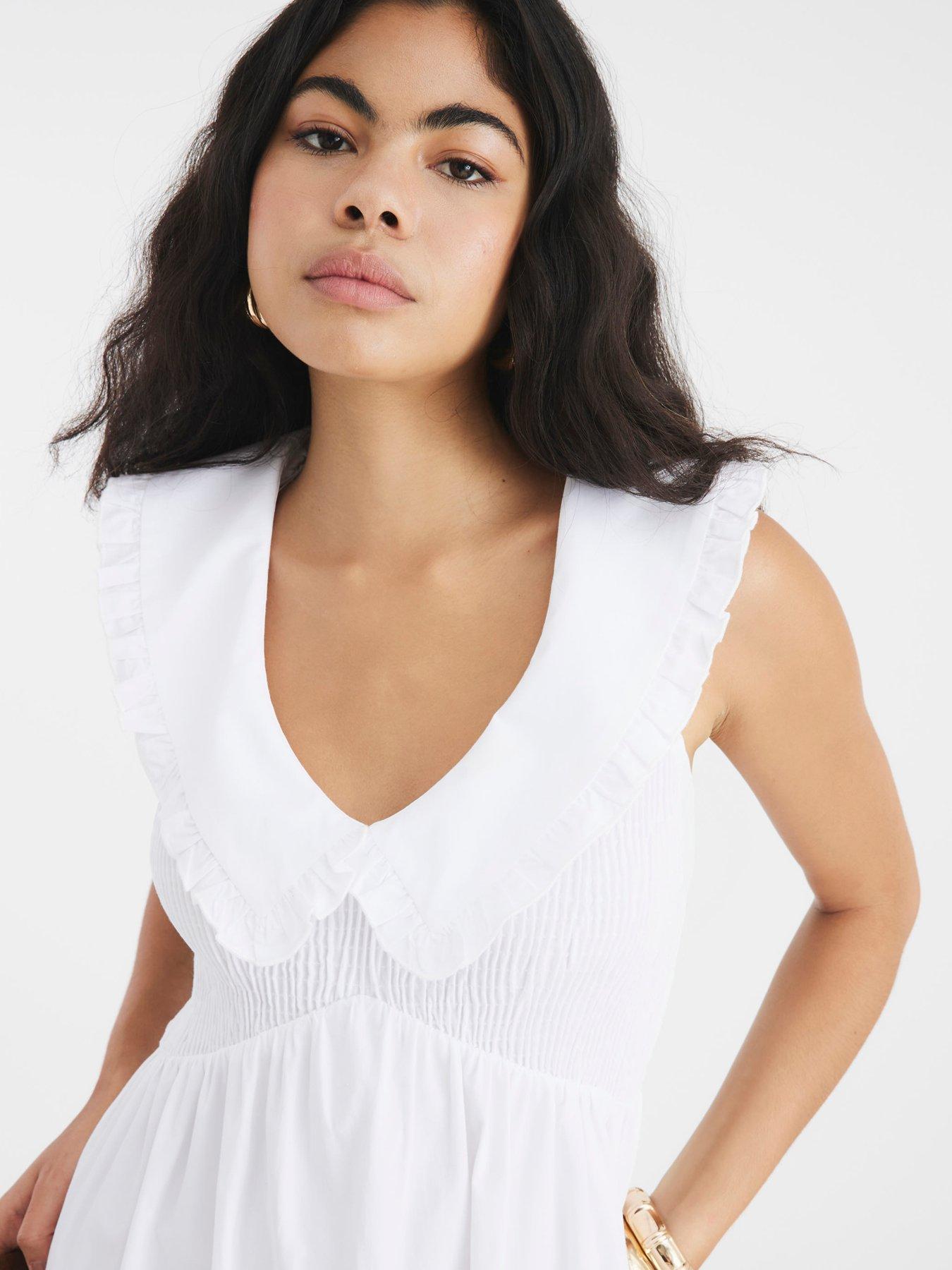 Image 4 of 4 of River Island Short Sleeve Collar Ruffle Shirred Dress - White