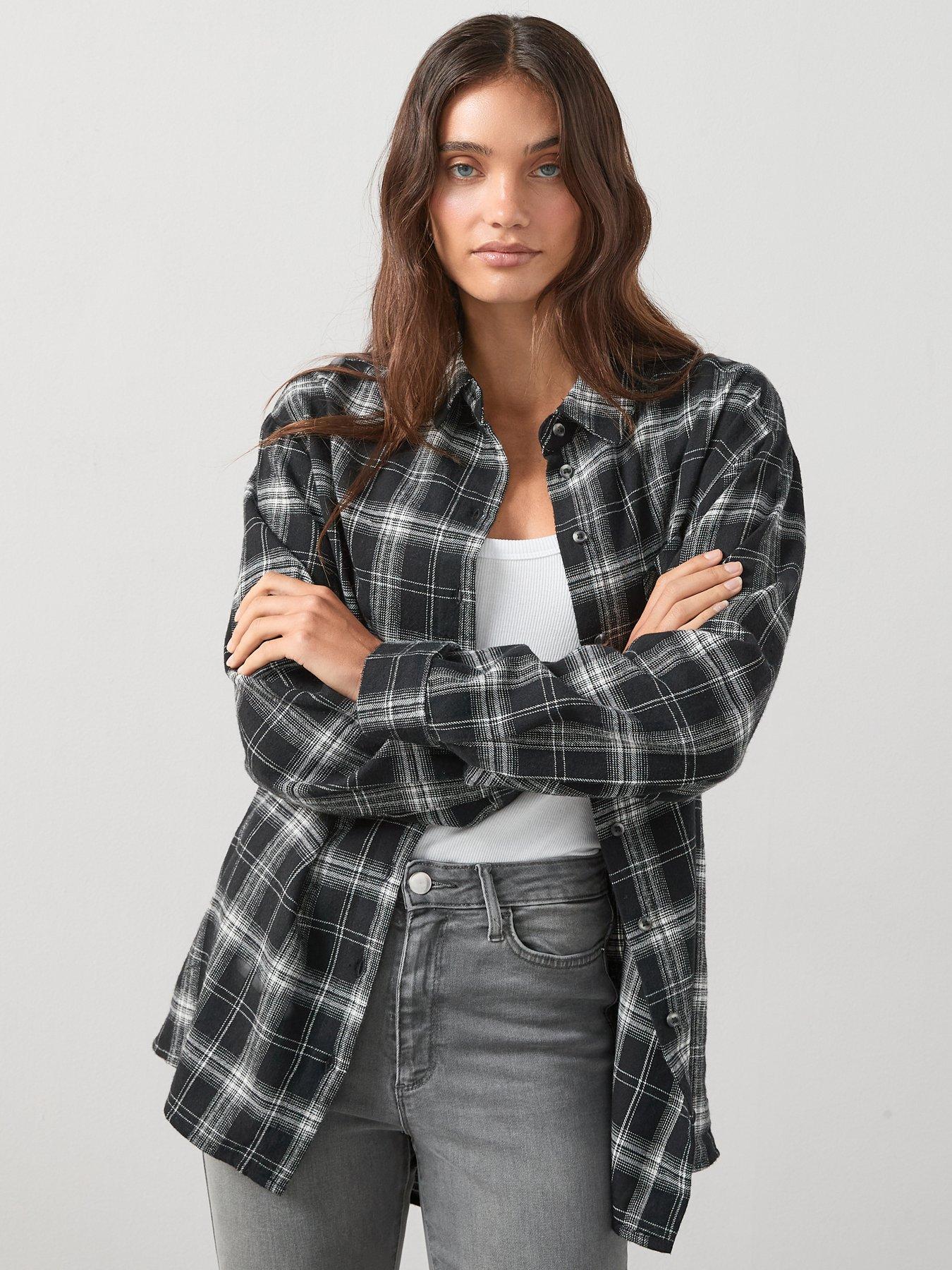 Image 1 of 7 of V by Very Brushed Check Longline Shirt - Black
