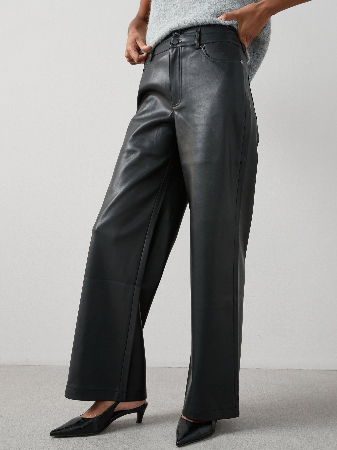 V by Very Faux Leather Double Button Wide Leg Trousers - Black