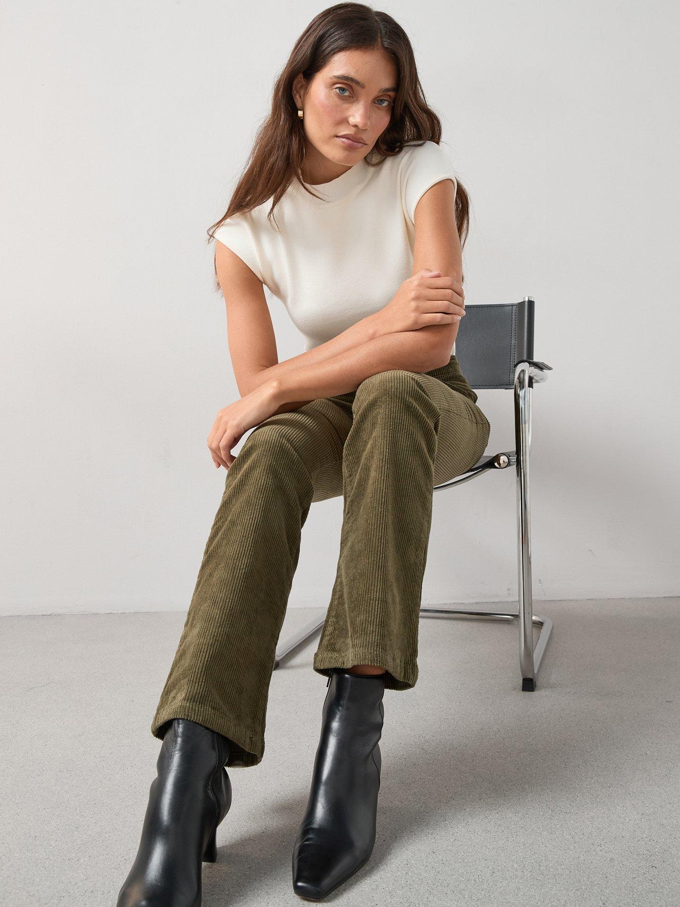 the-very-collection-stretch-cord-flare-trousers-dark-greenoutfit