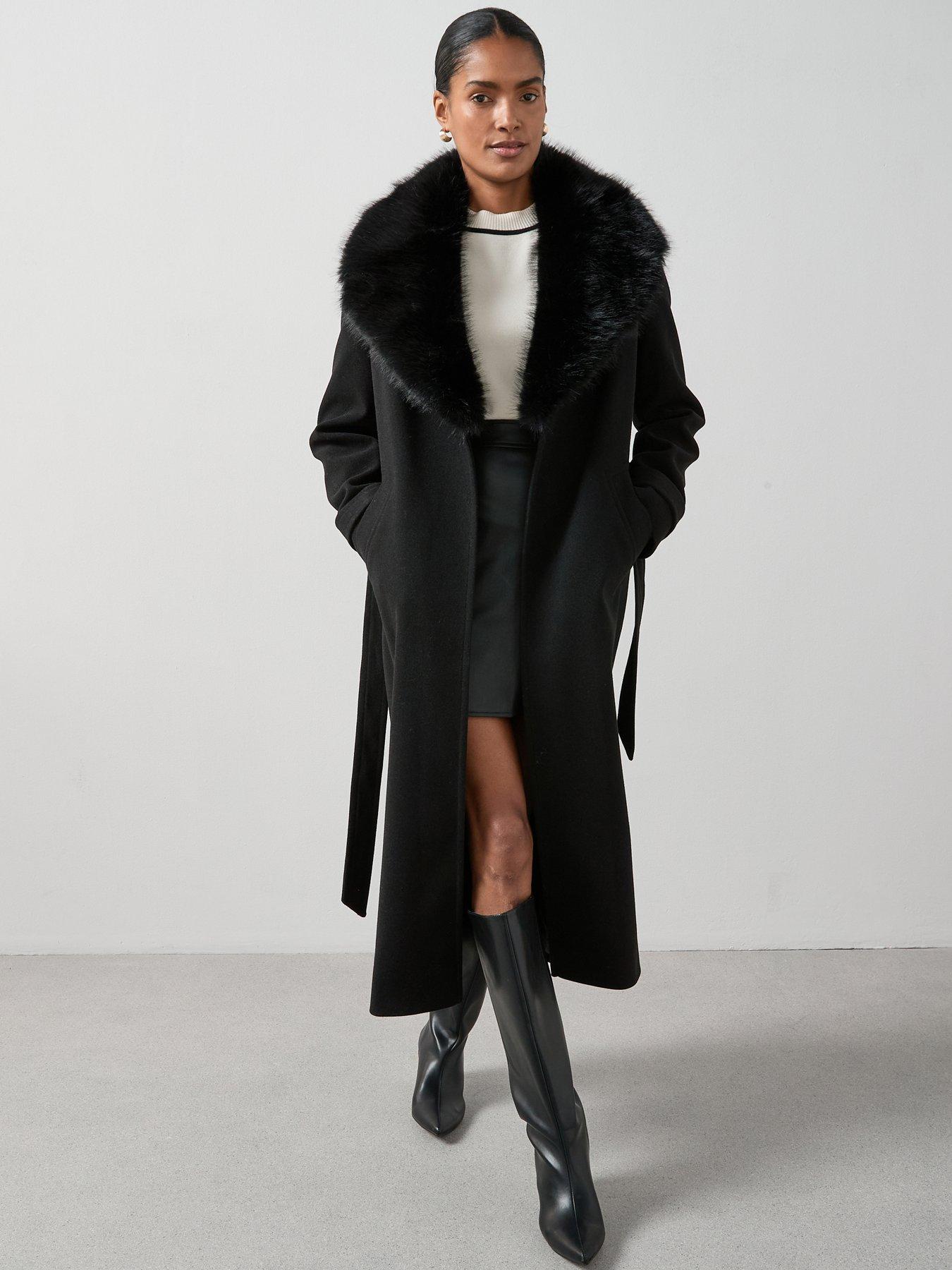 The Very Collection Faux Fur Collared Belted Coat - Black