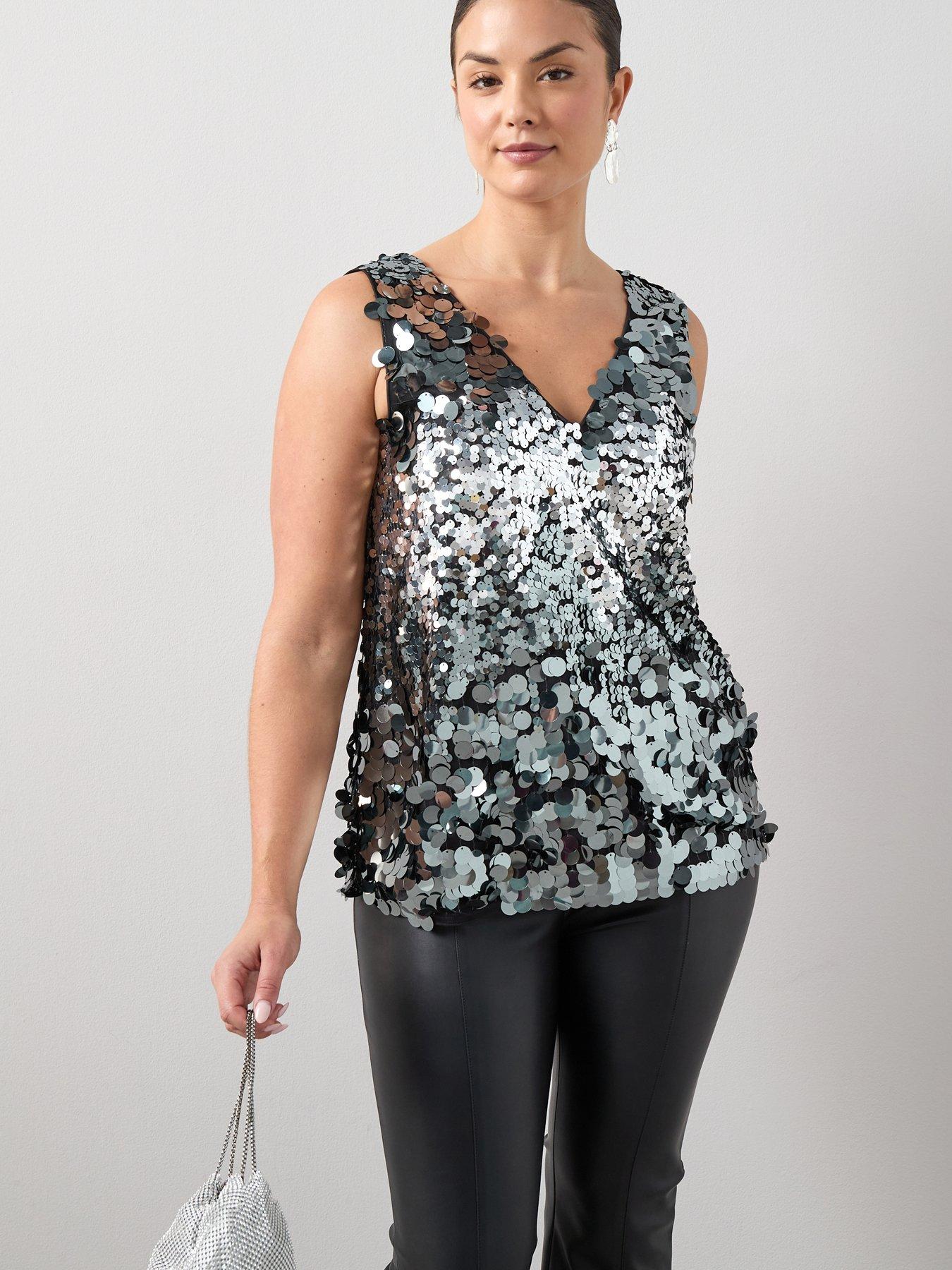 The Very Collection Curve Sequin V Neck Cami - Silver