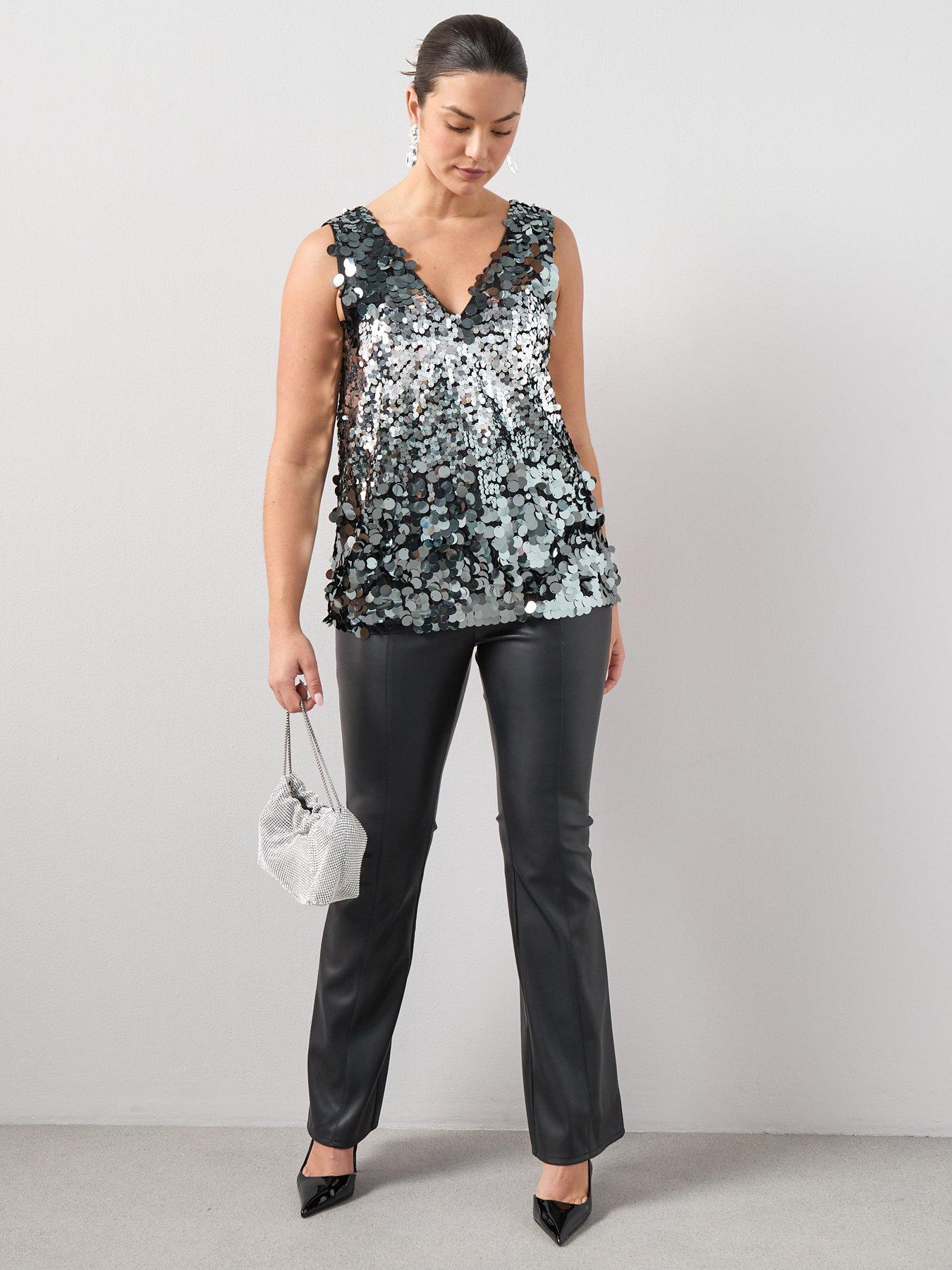 Image 3 of 6 of The Very Collection Curve Sequin V Neck Cami - Silver