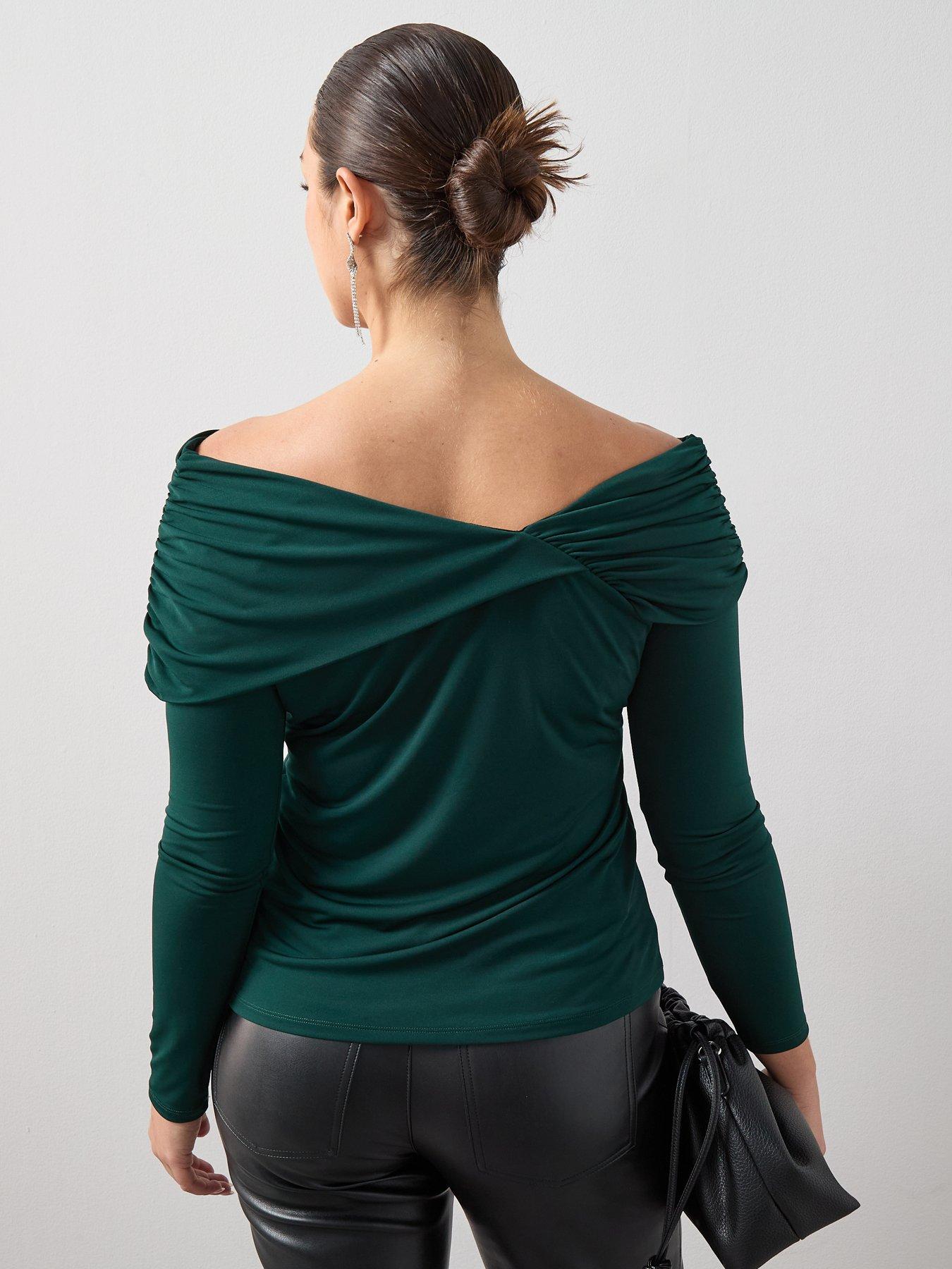 the-very-collection-curve-off-shoulder-ruched-top-dark-greenstillFront