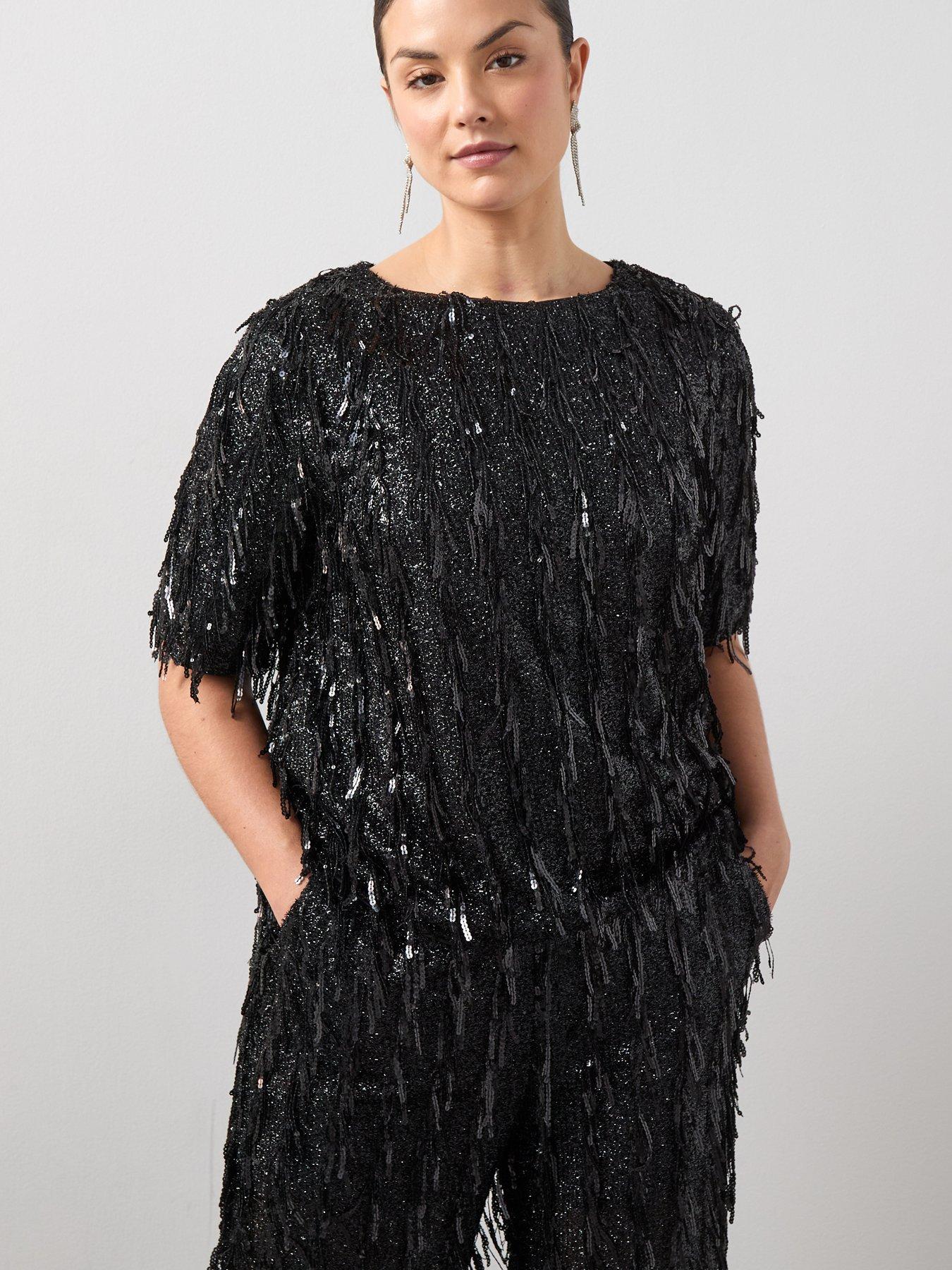 Image 3 of 6 of The Very Collection Curve Fringed Sequin Top Co-ord