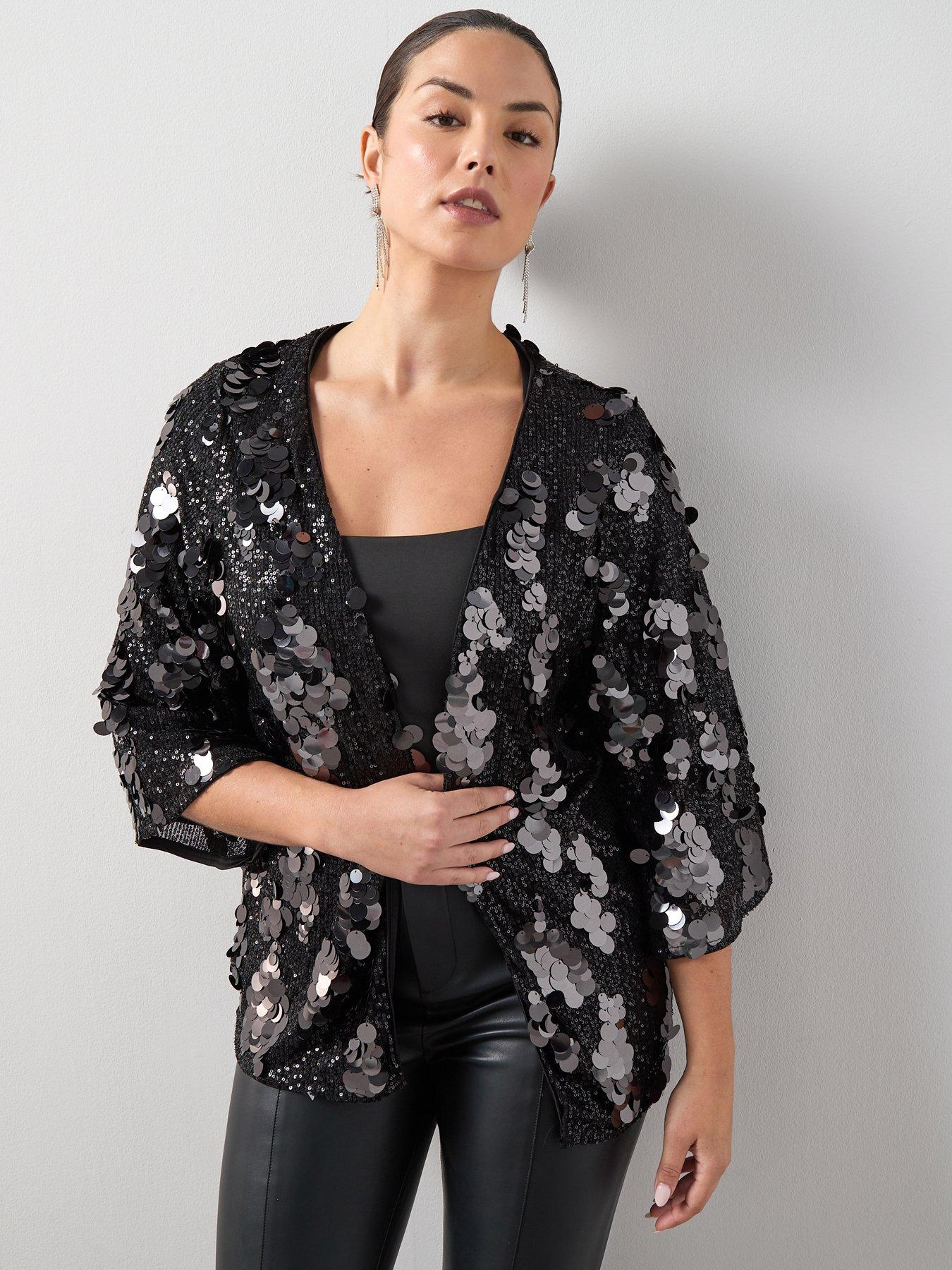 Image 1 of 6 of The Very Collection Curve Sequin Kimono - Silver/Black