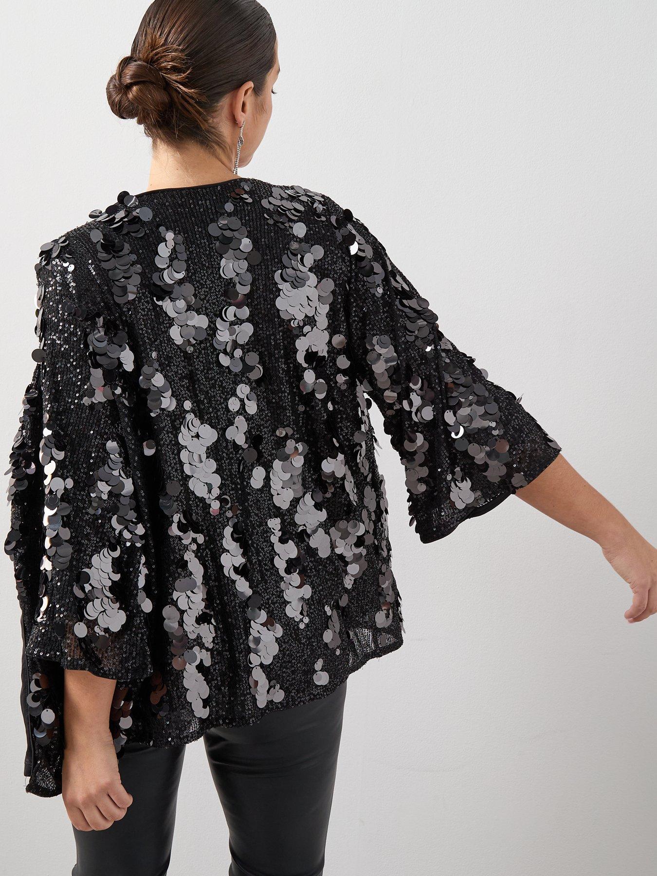 Image 5 of 6 of The Very Collection Curve Sequin Kimono - Silver/Black